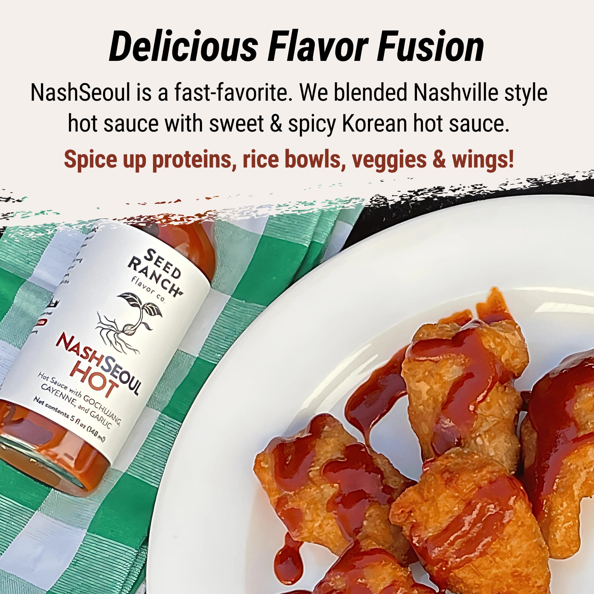 Seed Ranch NashSeoul Hot Sauce - Nashville & Korean Fusion Hot Sauce, Sweet & Spicy Medium Heat, Vegan, Gluten-Free, Non-GMO, No Artificial Sugars - Perfect for Rice Bowls, Stir-Fries, Wings & Grilled Meats