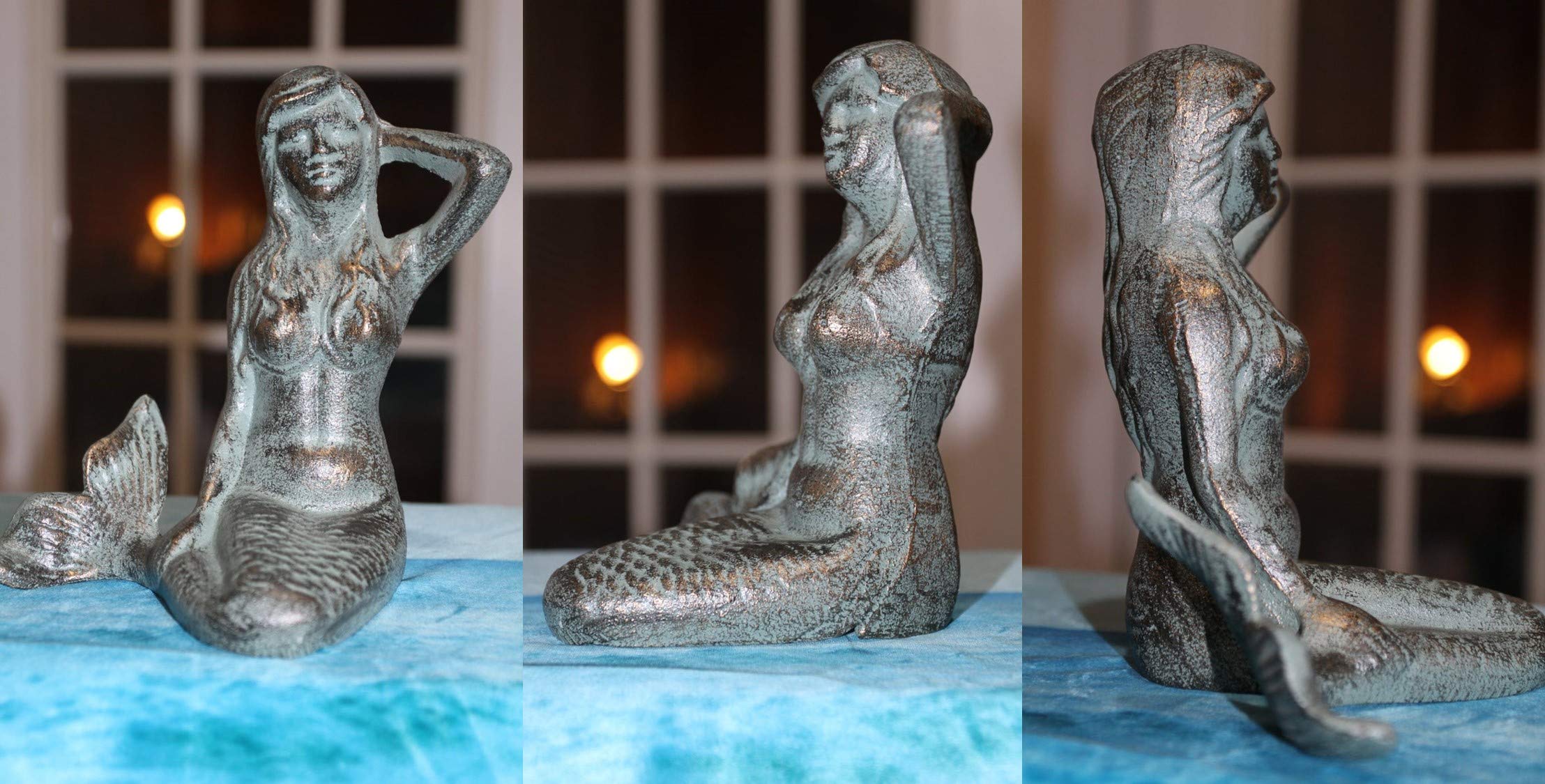 Vintage Bronze Mermaid Statues Set of 3 - Heavy Cast Iron Decorative Accents, Antique Reproduction Home Decor for Beach House, Bathroom, or Garden | BL-75 Mermaid Collection