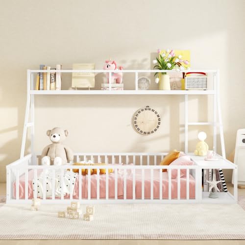 Full Size Kids Floor Bed with Safety Fence - White Metal Bed Frame with Built-in Desk & Storage Shelves for Toddlers and Children | Perfect for Small Bedrooms, Montessori Rooms, and Play Areas