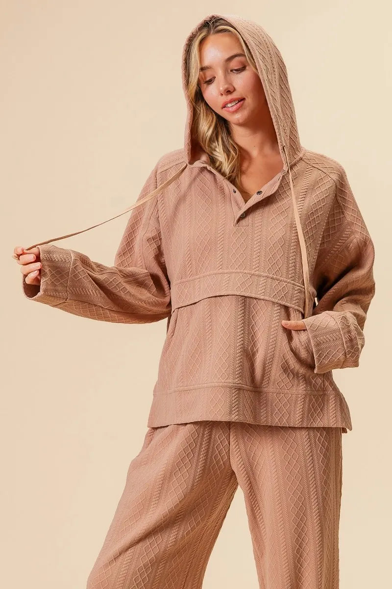 BiBi Textured Knit Buttoned Hoodie Top for Women - Cozy Casual Pullover Sweater with Front Buttons | Perfect for Fall Layering, Weekend Outfits & Coffee Dates