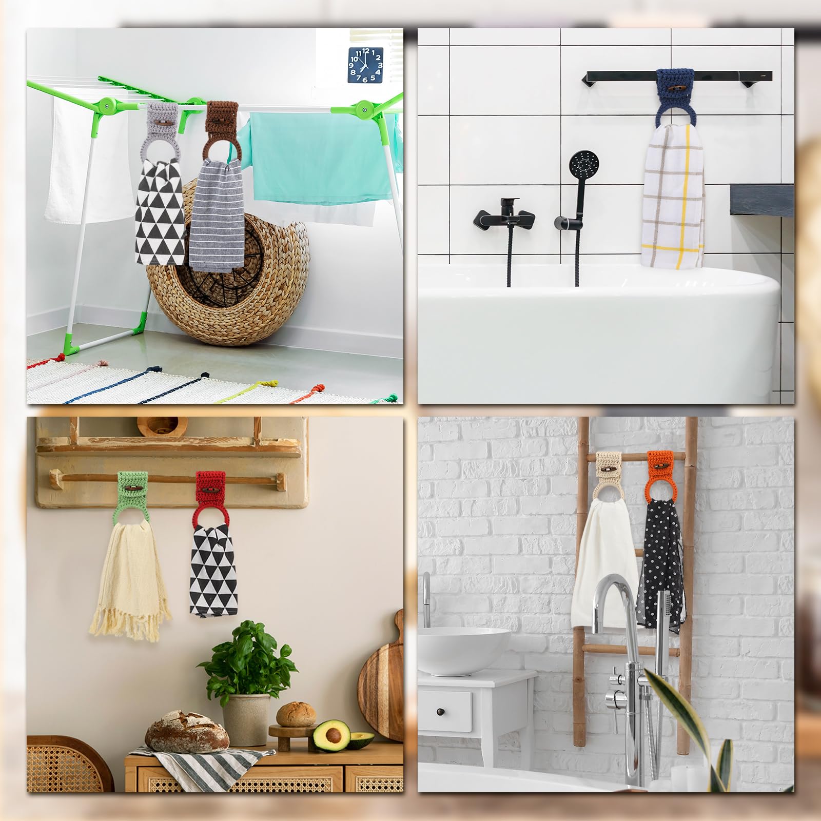 Hoolerry 8-Piece Crochet Hanging Kitchen Towel Set with Ring & Button Loop - Dish Towel Holder for Oven, Stove, Cabinet Door - 8 Elegant Colors (Round) - Perfect for Farmhouse, Rustic & Modern Kitchens