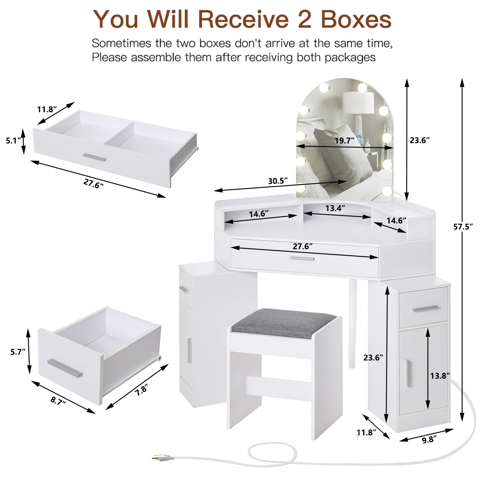 White Vanity Desk with Mirror, Lights & Charging Station - 3 Drawers, Retractable Cabinets & Cushioned Stool - Makeup Dressing Table for Bedroom, Home Office & Christmas Gifts