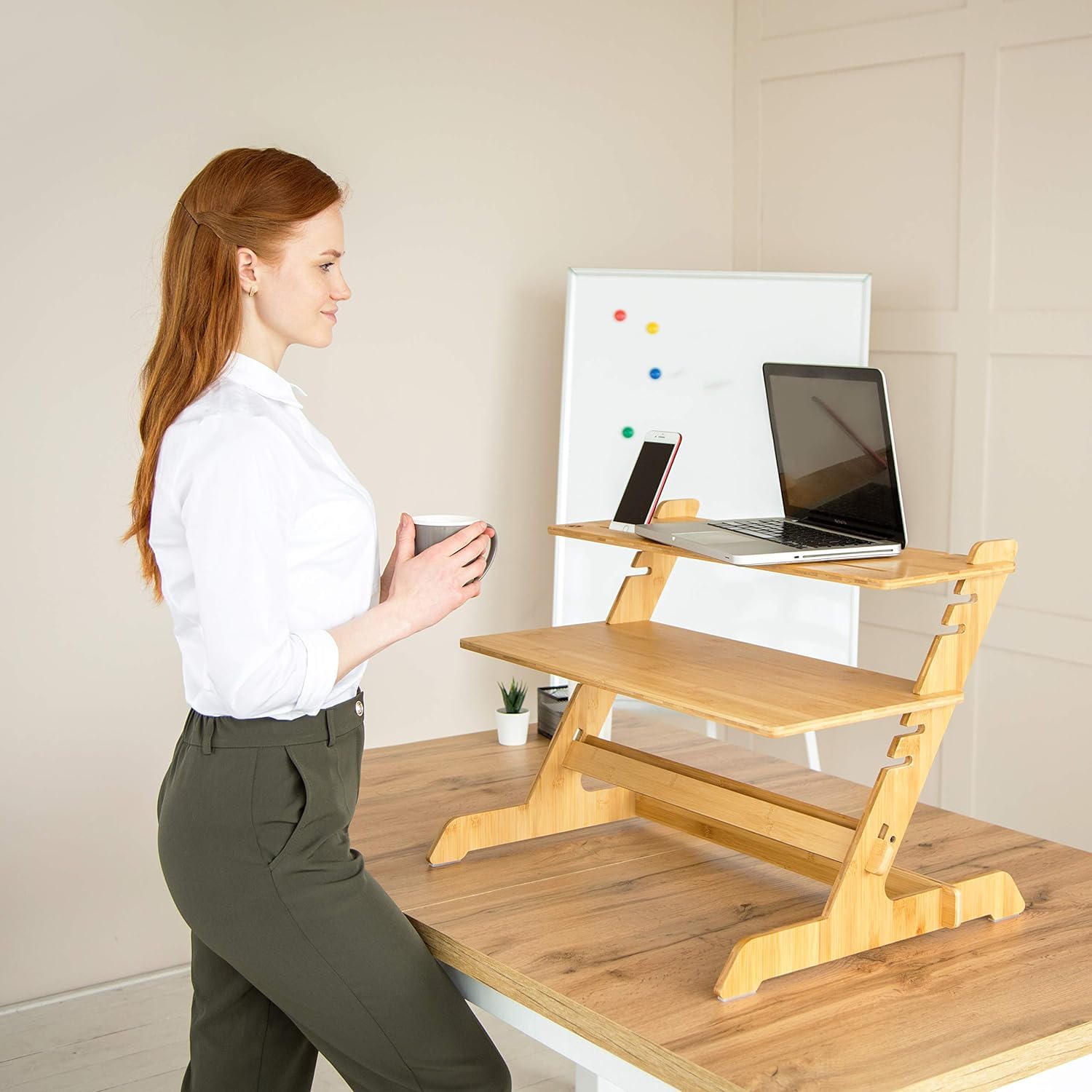 Adjustable Standing Desk Riser - 100% Natural Bamboo Monitor Stand with No Screws Assembly (19