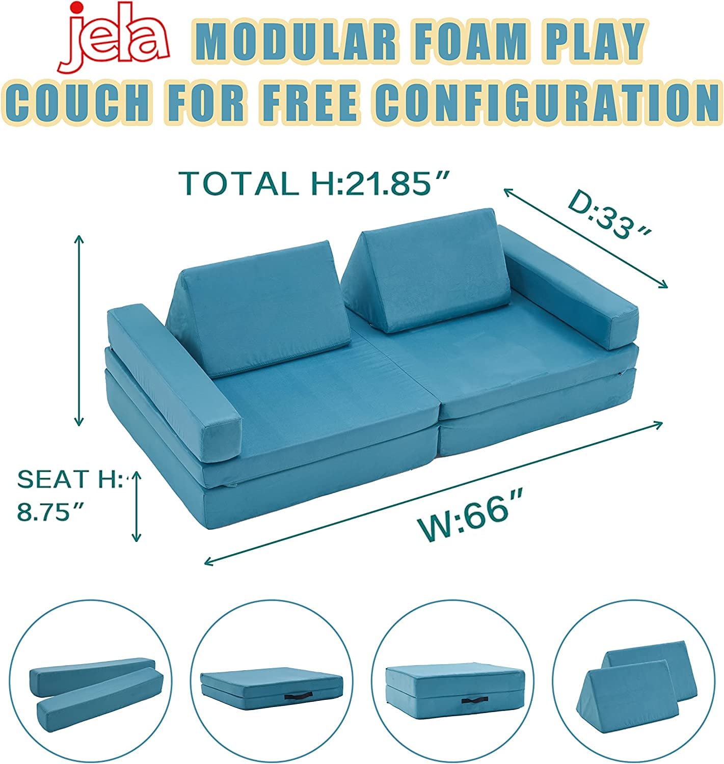 Jela Kids Couch Extended Size 8PCS Modular Play Sofa for Family - Light Blue Foam Furniture for Kids & Adults, 66