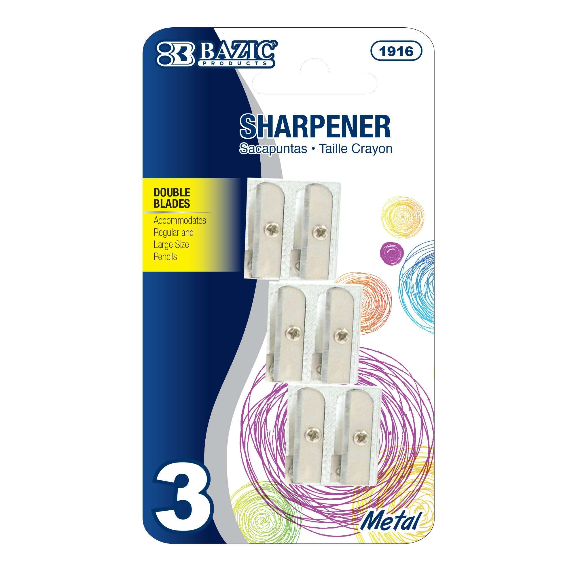BAZIC Metal Dual Blade Pencil Sharpener for Standard & Jumbo Pencils - Silver Crayon Sharpener with Double Blades (3-Pack) - Perfect for School, Office & Art Projects