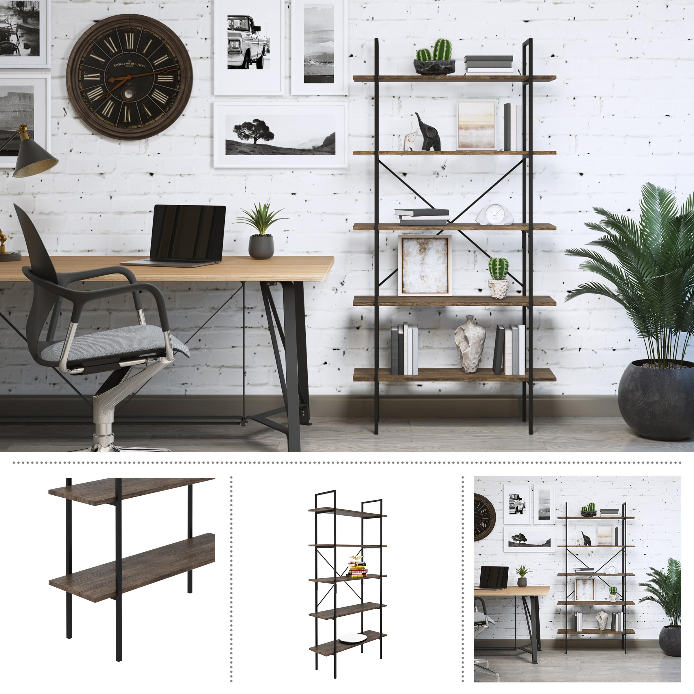 Lavish Home 5-Tier Bookshelf Set – Set of 2 Industrial Style Wooden Bookcases – Freestanding Shelving Unit for Home, Office, Living Room or Bedroom Storage (Brown Woodgrain) – Perfect for Organizing Books, Decor & Display Items