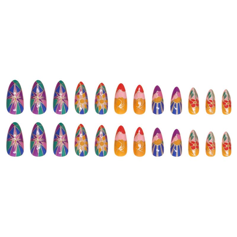 24Pcs Colorful Press on Medium Almond Fake Nails with Stained Glass Flower Designs - Gothic Acrylic False Nails Glossy Full Cover - DIY Artificial Stick on Nails for Women & Girls - Perfect for Parties, Weddings, Halloween & Daily Wear