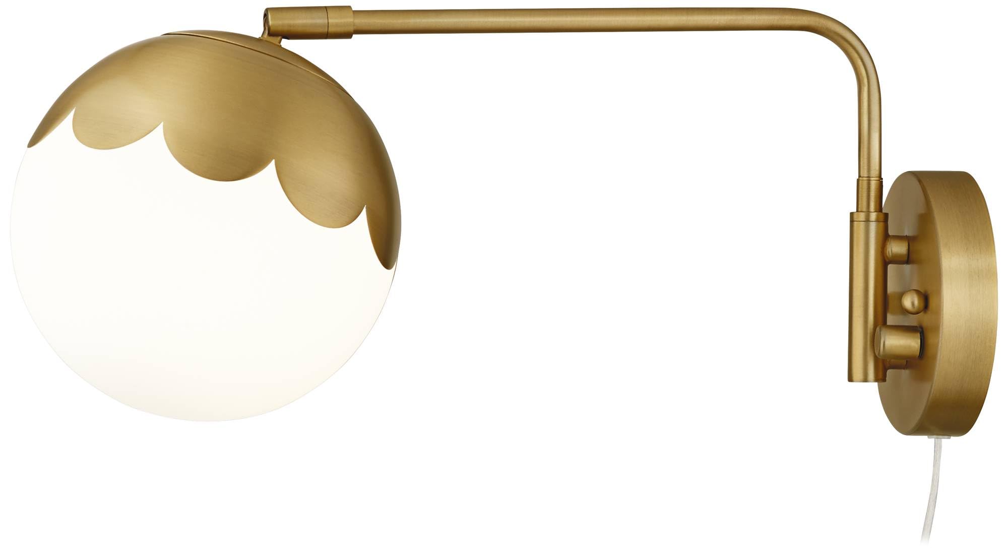 360 Lighting Kelowna Modern Adjustable Swing Arm Wall Lamp - Antique Brass Gold Metal Plug-in Light Fixture with Glass Globe Shade - Perfect for Bedroom, Living Room, Hallway & Dining Room - Reading Light, Bedside Lamp & Home Decor Lighting Solution