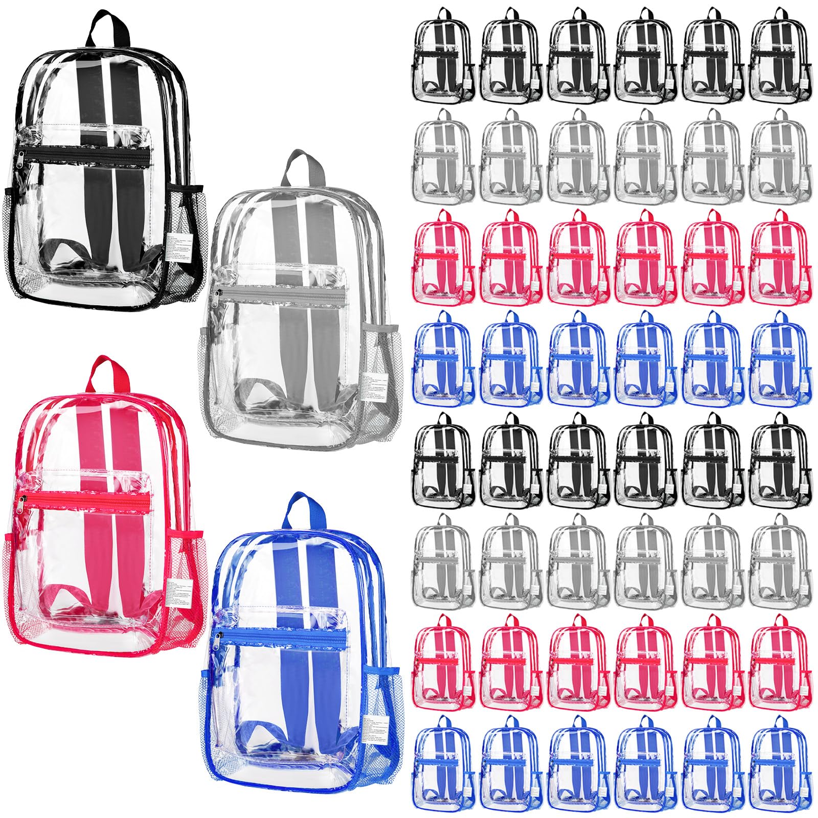 48 Pack Clear PVC Backpacks Bulk - Heavy Duty Transparent Bookbags with Pockets for School, Work & Travel (15 x 11 x 3.6 Inches) - Perfect for Stadium Security, Concerts, Airports & Theme Parks