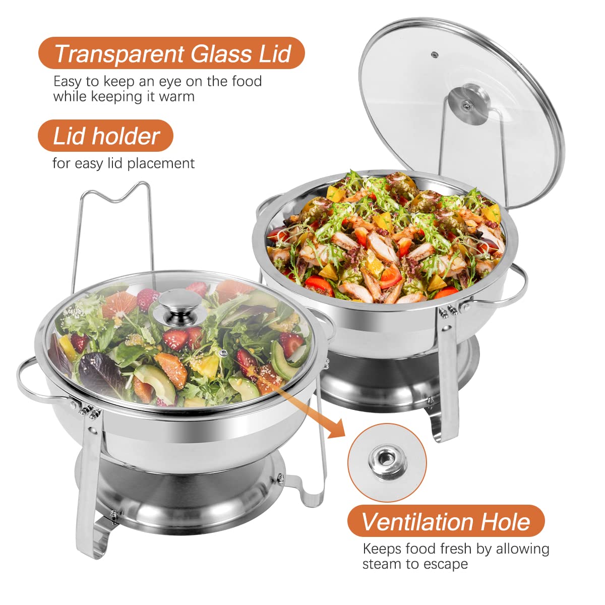 4-Pack Stainless Steel Round Chafing Dishes with Glass Lids - 4QT Buffet Food Warmers for Catering, Parties, Weddings & Events - Keep Food Hot for Buffets, Banquets & Large Gatherings