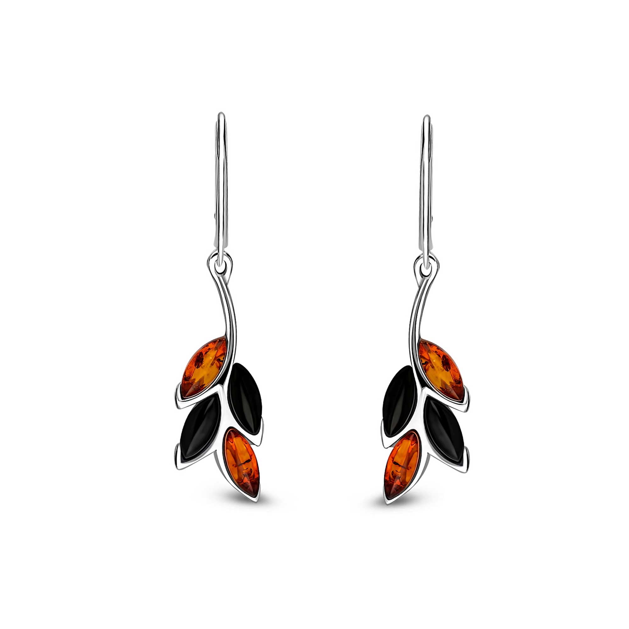 Sterling Silver Whitby Jet & Amber Four Leaf Drop Earrings for Women – Elegant Dangle Jewelry for Parties, Weddings & Special Occasions