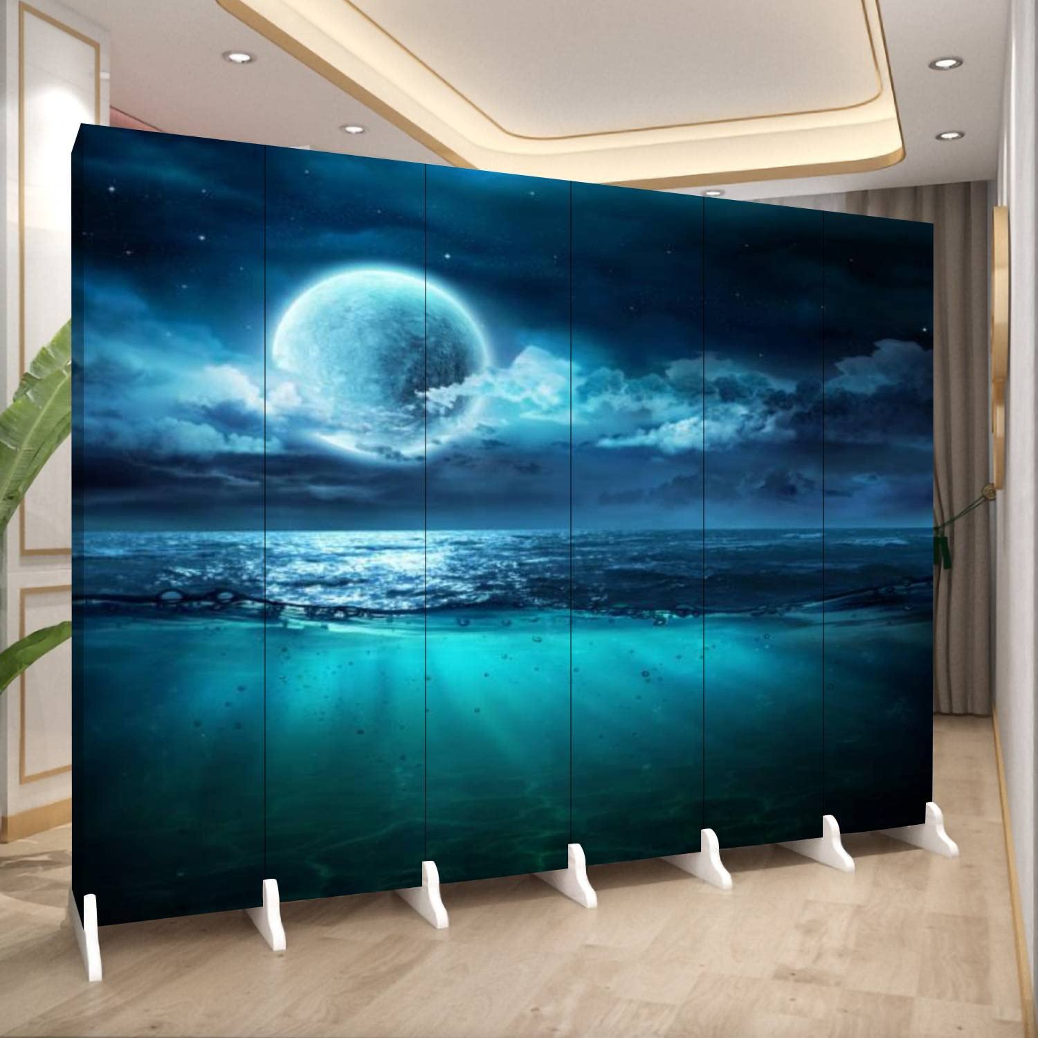 6-Panel Folding Room Divider Screen - Moonlit Ocean & Underwater Scene Design for Privacy | Portable Freestanding Partition for Home, Office, Bedroom | Perfect for Creating Private Spaces, Home Decor & Room Separation