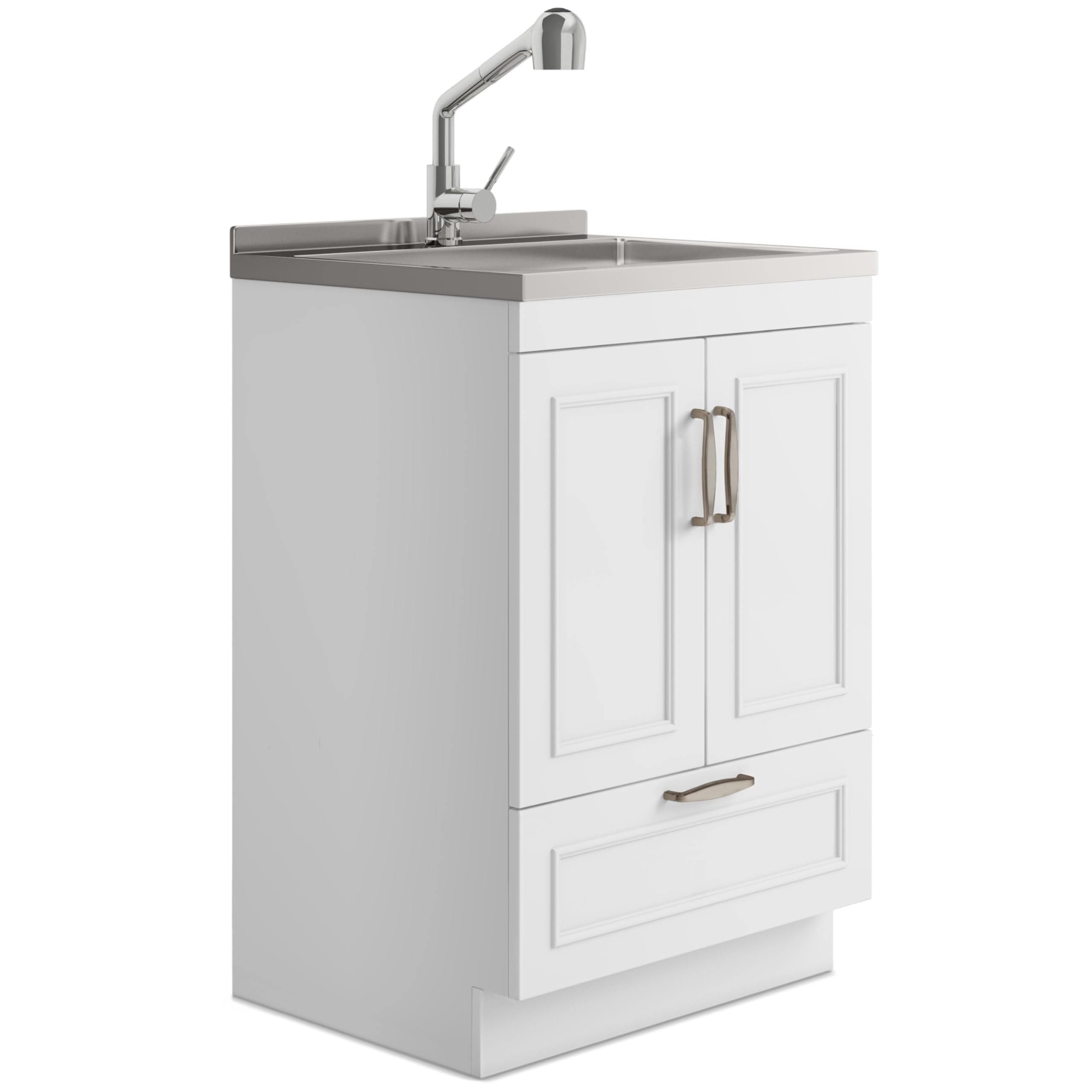 SIMPLIHOME 24-inch White Utility Sink Cabinet with Faucet - Stainless Steel Laundry Sink & Storage Drawer - Perfect for Laundry Room, Garage, Mudroom, Basement & Workshop Organization