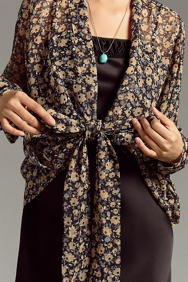 Elegant Floral Tie Front Kimono Robe - Women's Lightweight Cover-Up for Beach, Pool, or Lounge Wear