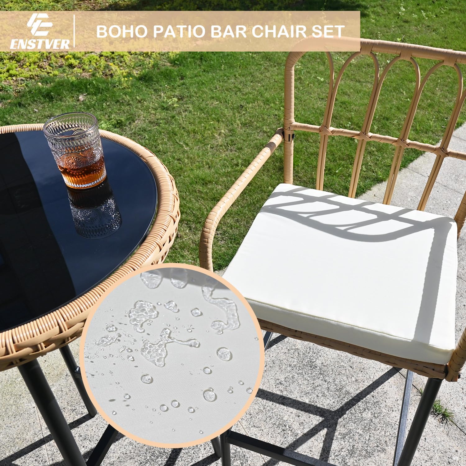 ENSTVER 3-Piece Rattan Bar Set with Cushions - Outdoor High Top Table & 2 Chairs, Tempered Glass Bar Table - Patio Bistro Dining Set for Backyard, Garden, Balcony, Poolside & Outdoor Entertaining