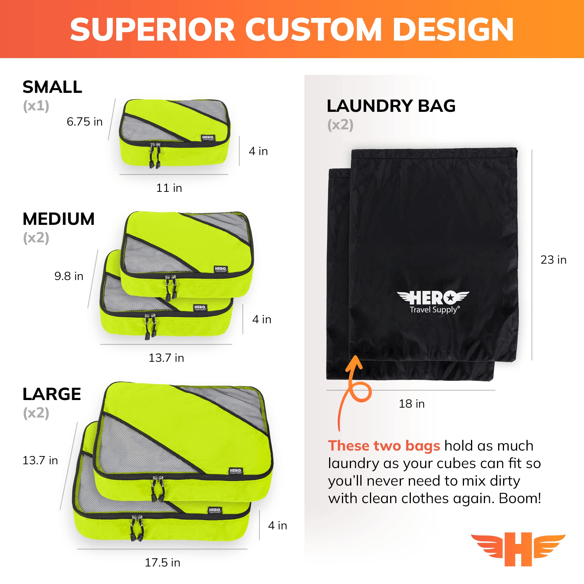 HERO Packing Cubes Set of 5 - Premium Travel Luggage Organizers with 2 Laundry Bags for Suitcases - Perfect for Business Trips, Vacations & Weekend Getaways