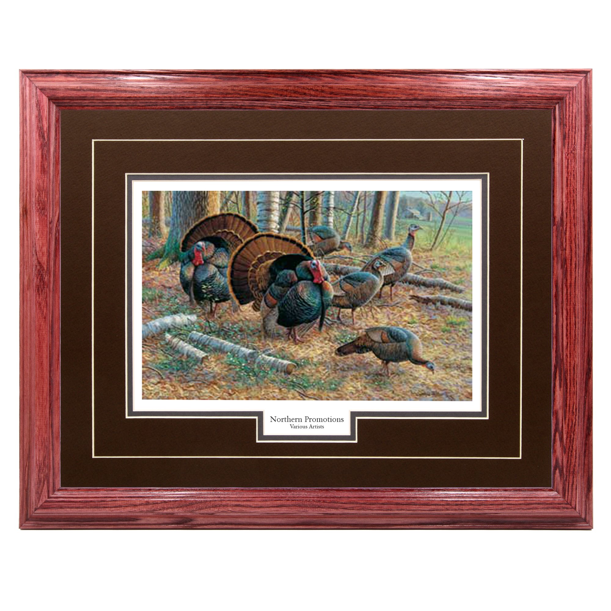 Turkey Spring Strut Wall Art - Hardwood Picture Frame with Wildlife Print Painting - Cherry Wood Frame & Brown Mat - Hunting Decor for Cabin, Lodge, or Home Office - 17x21 Inches