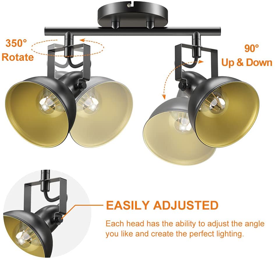 DLLT Industrial Track Light - Black Metal Retro Ceiling Track Lighting Fixture with 2 Adjustable Spotlights for Kitchen, Bedroom, Dining Room, Office & Closet | Modern Home & Commercial Lighting Solution