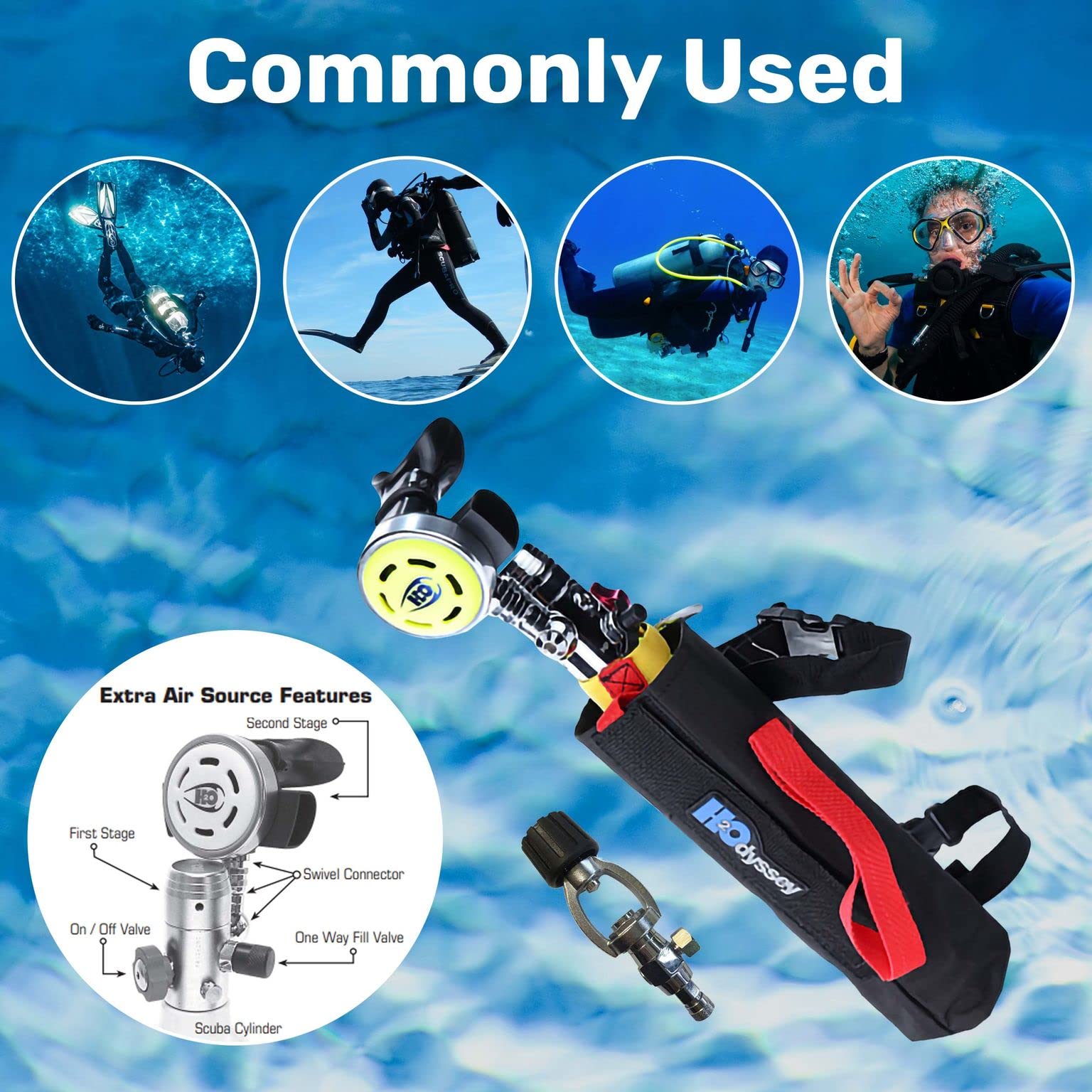 H2Odyssey Extra Air Source 2 Scuba Diving Regulator with 6 cu ft Tank - Yoke Valve for Underwater Breathing - Perfect for Recreational Diving, Snorkeling, and Emergency Backup Air Supply