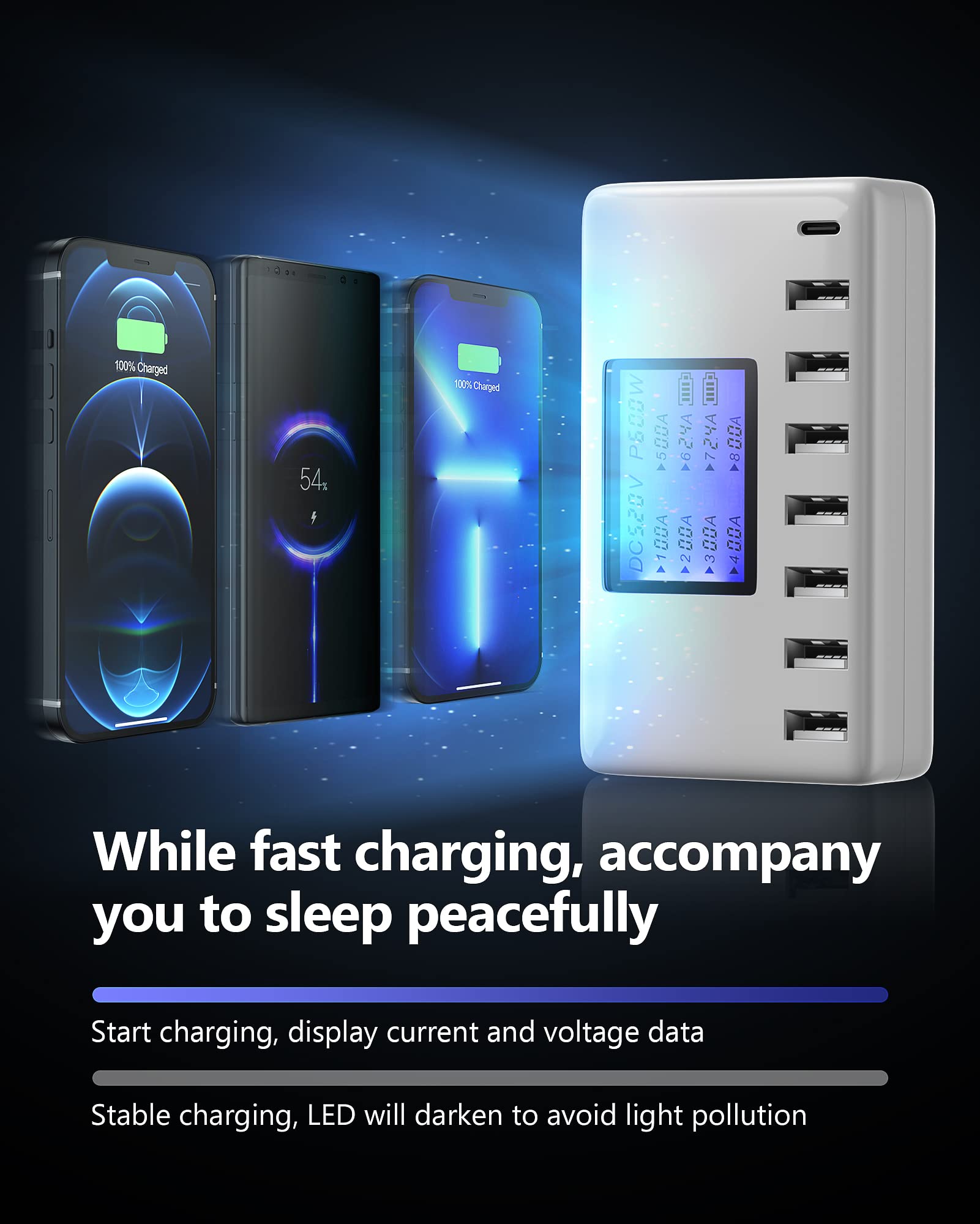 60W 8-Port USB C Charging Station with LCD Display - Fast Multi Device Charger Hub for iPhone 15/14/13, iPad, Samsung Galaxy, Android Phones - Perfect for Home, Office & Travel (White)