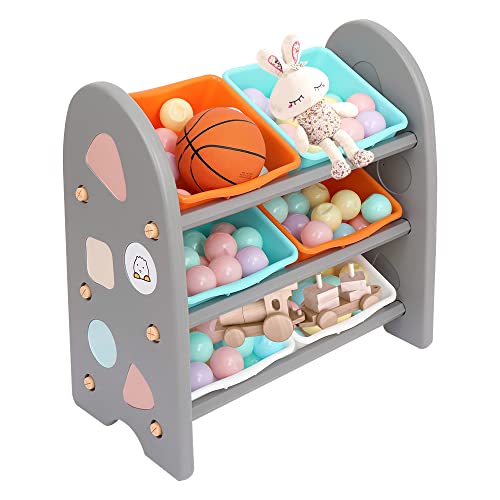 Plastic Toy Storage Organizer with 6 Bins - Kids Toy Box for Boys & Girls - Durable Gray Toy Organizer for Playroom, Bedroom & Nursery Organization