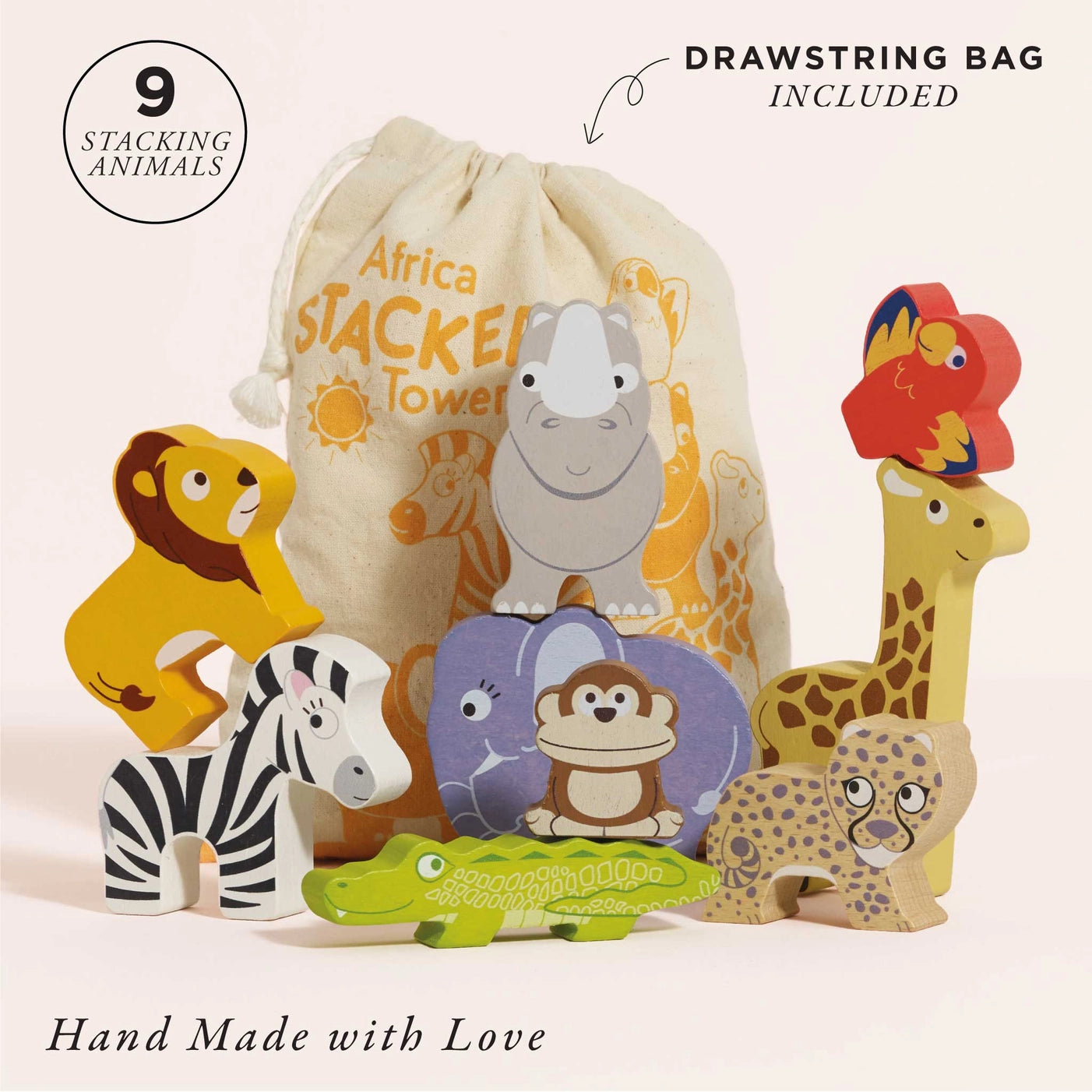 African Animal Stacking Toys with Storage Bag - Wooden Educational Toys for Toddlers & Kids - Perfect for Preschool Learning, Montessori Play & Travel Activities