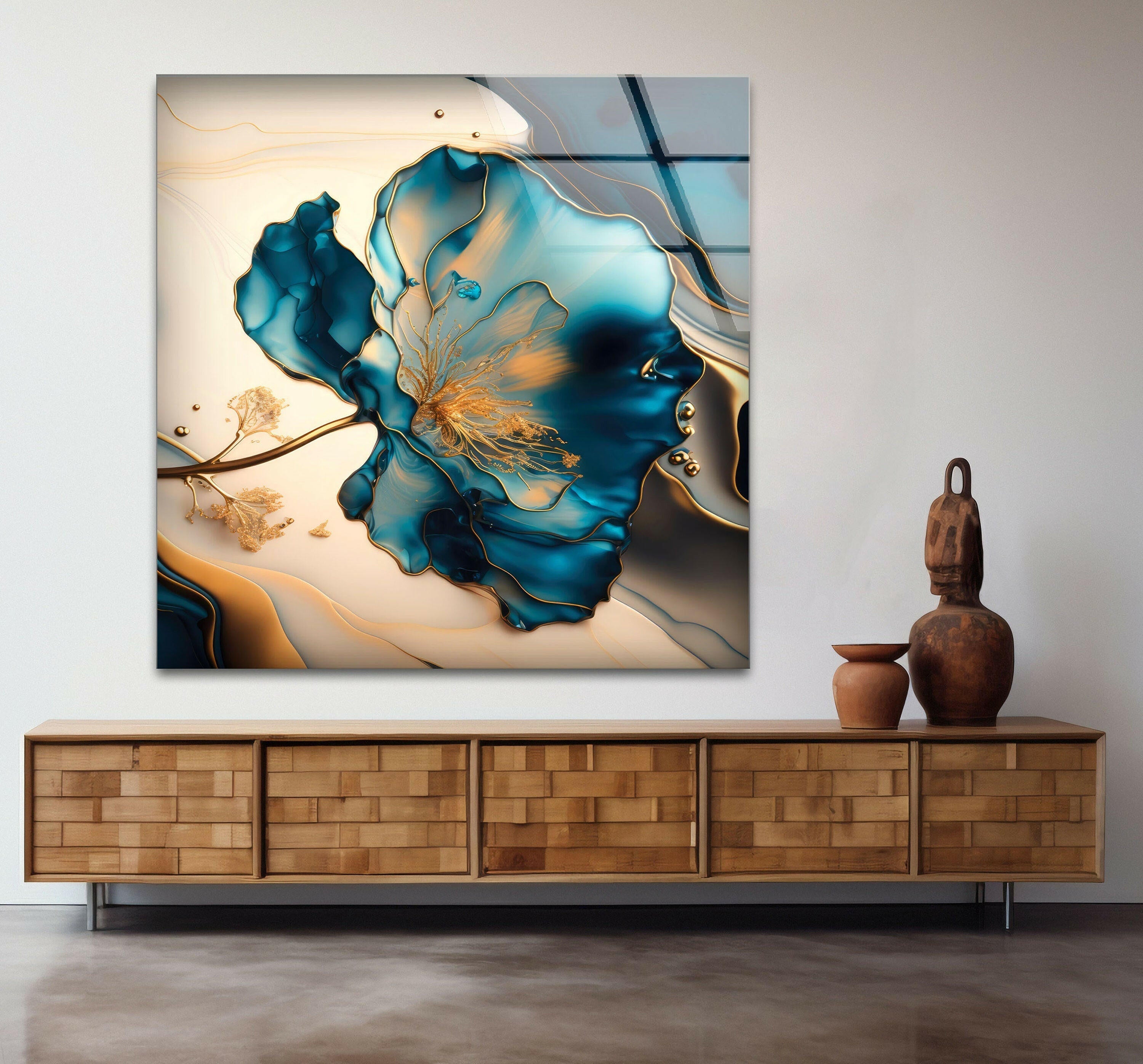 Blue Marble Flower Glass Wall Art - Elegant Handmade Home Decor for Living Room, Bedroom & Office - Perfect for Modern & Boho Interior Design