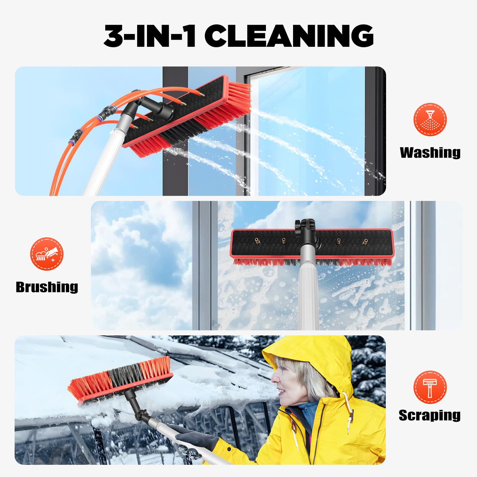 24.3FT Extendable Window Cleaning Pole Kit - 3-in-1 Water/Hose Fed Brush for Solar Panels, Photovoltaic & Outdoor Surfaces | 8M Reach Professional Cleaning Tool with Water Pipe Attachment for Home & Commercial Use