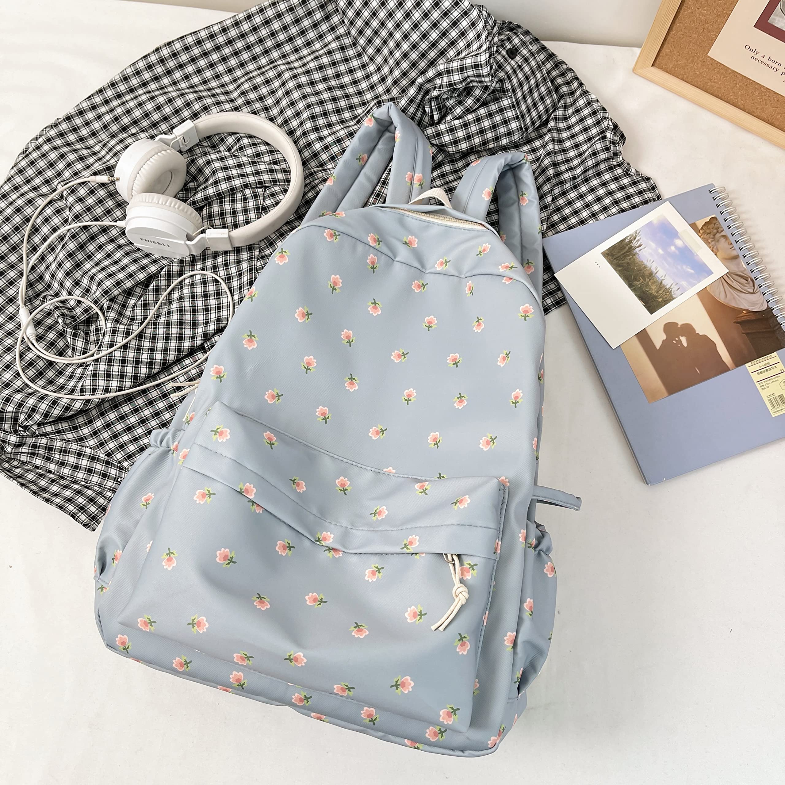 Kawaii Floral Backpack With Pendant - 16.1 Inch Aesthetic Cute Classic Casual Laptop Backpack for Women & Teens (Blue) | Perfect for School, Travel & Everyday Use