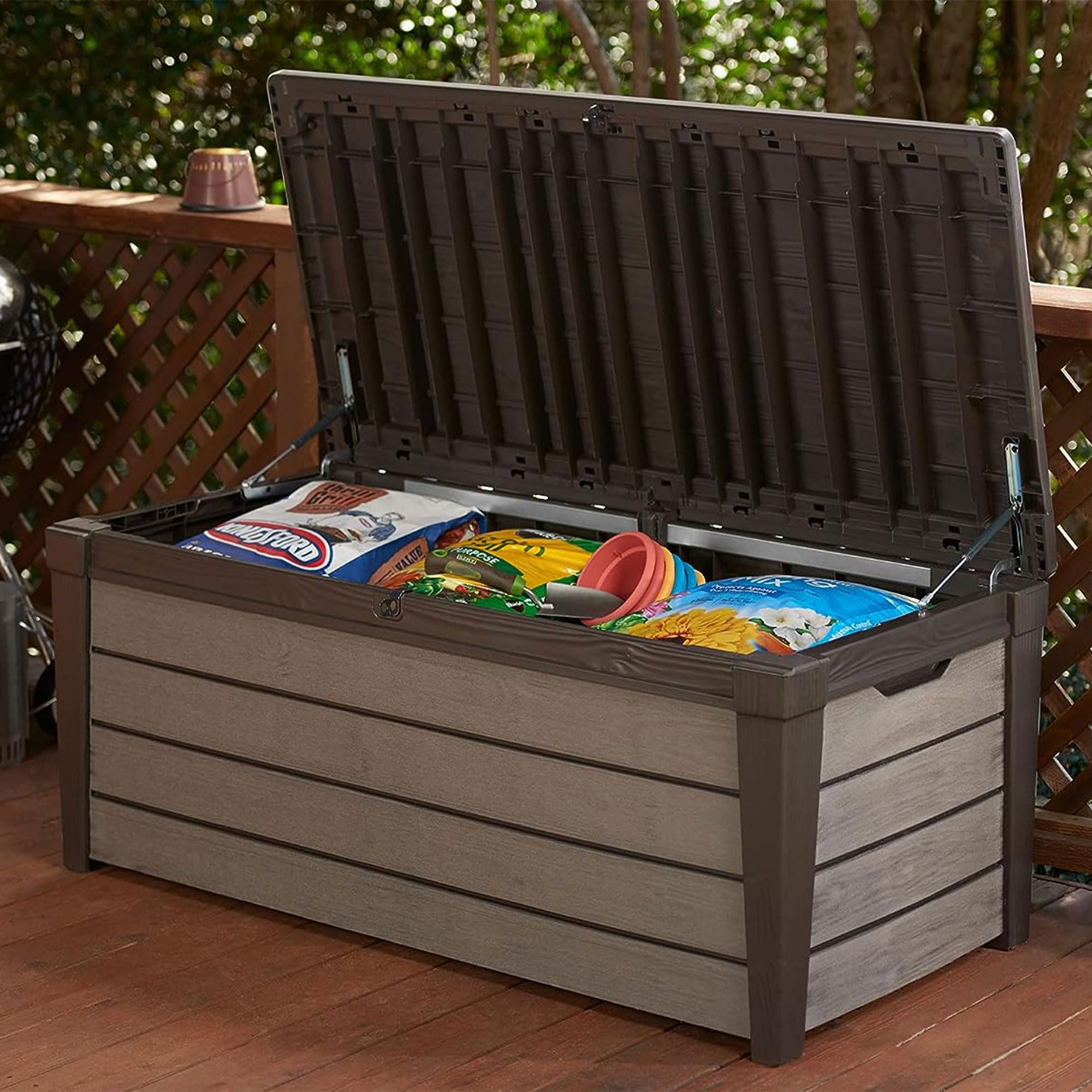 Keter 120-Gallon Outdoor Storage Deck Box - Lockable Waterproof Plastic Container Bench for Patio, Backyard & Garden | Weatherproof Organizing Solution for Cushions, Toys & Gardening Tools (Brown Brushwood Design)