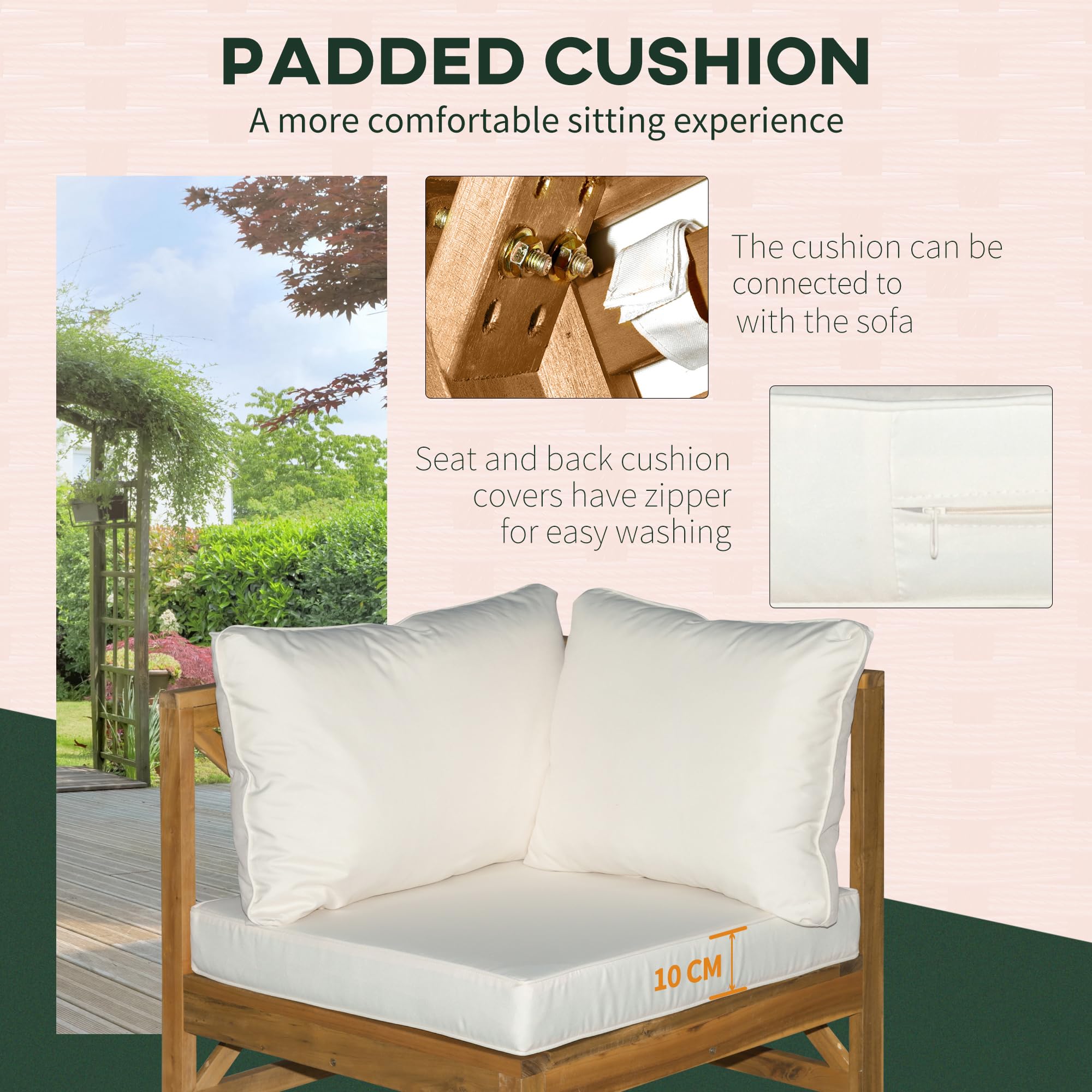 Outsunny 6-Piece Acacia Wood Patio Furniture Set with Cushions - Outdoor Sectional Sofa & Coffee Table Conversation Set in Cream White - Perfect for Backyard, Garden, Poolside & Patio Relaxation