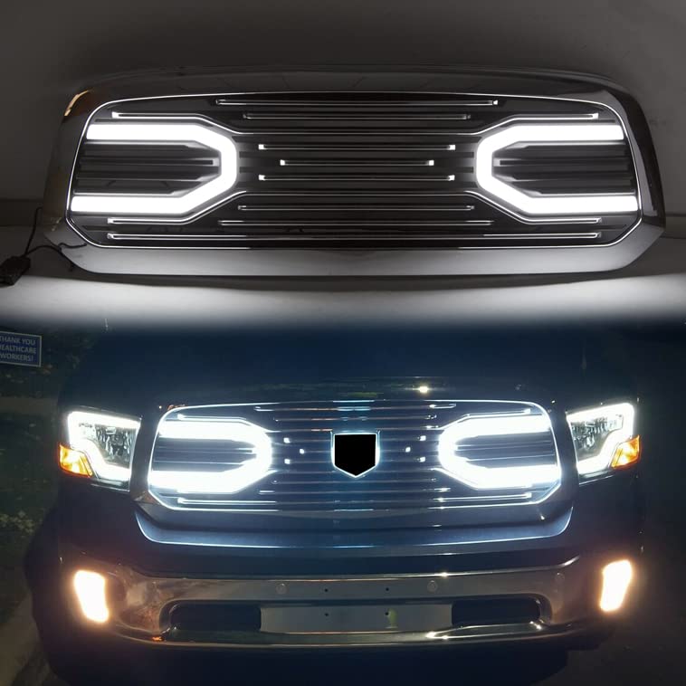 HECASA Chrome Front Big Horn Grille Replacement Shell Compatible with 2013-2018 Dodge RAM 1500 (With Light) - Upgrade Your Truck's Style for Off-Roading & Show Car Events