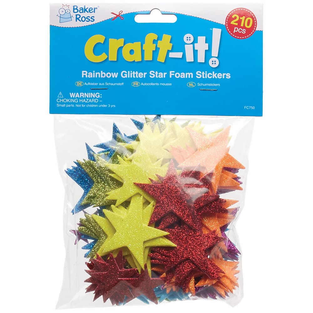 Baker Ross FC750 Rainbow Glitter Star Foam Stickers - Pack of 100 Self-Adhesive Craft Stickers for Kids, DIY Scrapbooking, School Projects & Party Decorations | Perfect for Classroom Activities, Birthday Parties & Arts and Crafts