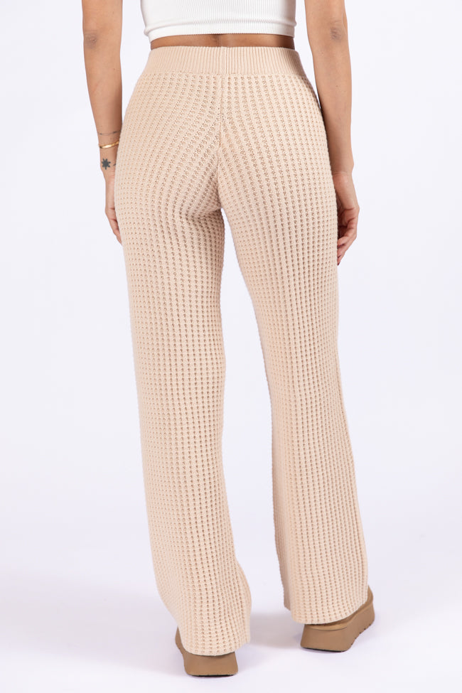 Tan Thermal Waffle Knit Pants for Women - Cozy Winter Lounge Pants with Elastic Waistband - Perfect for Home, Travel & Cold Weather Comfort