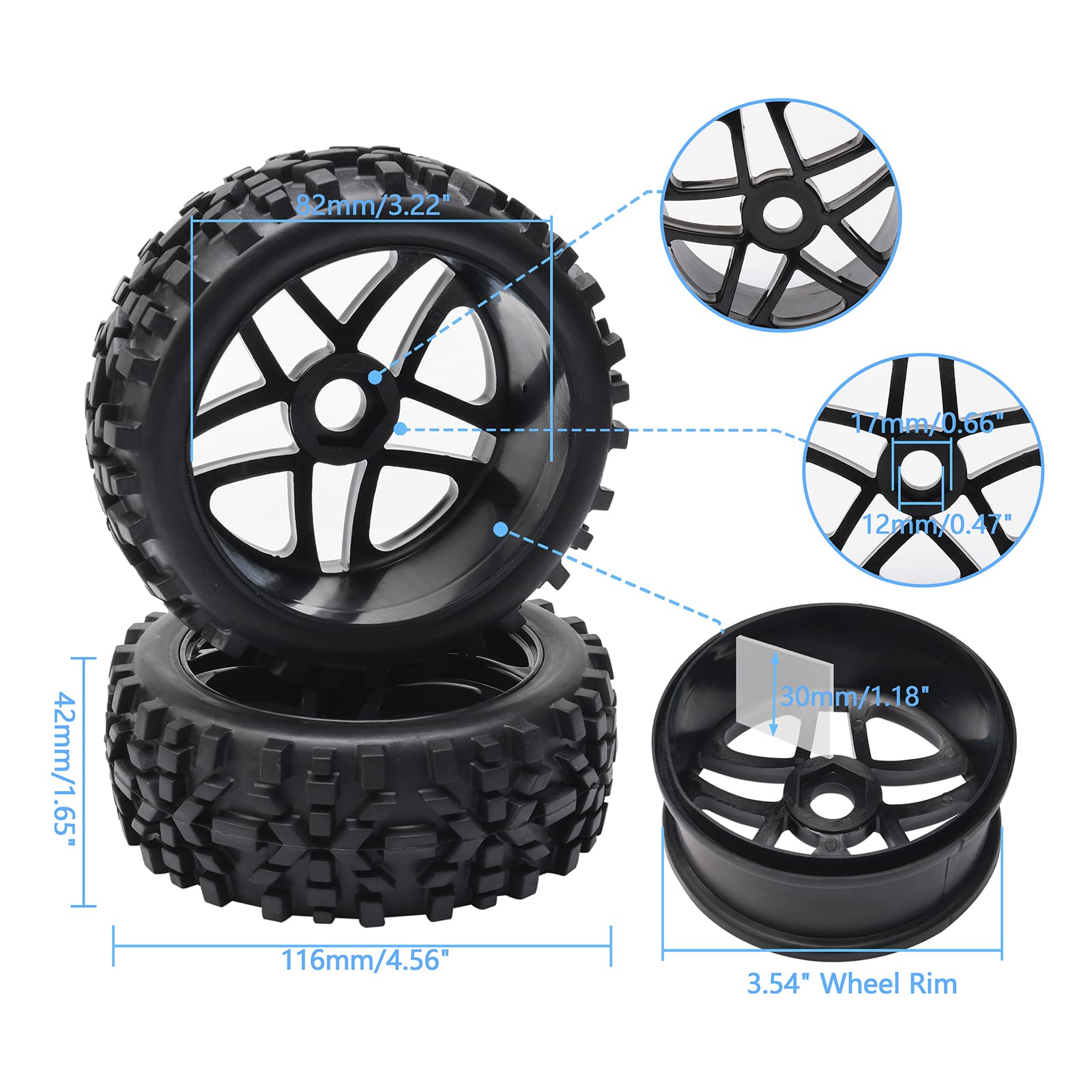 JIUWU 4-Pack 1/8 Scale RC Off-Road Wheels and Tires - 17mm Hex Durable All-Terrain Tires for RC Cars, Trucks & Buggies | Perfect for Racing, Crawling & Off-Road Adventures (Black)