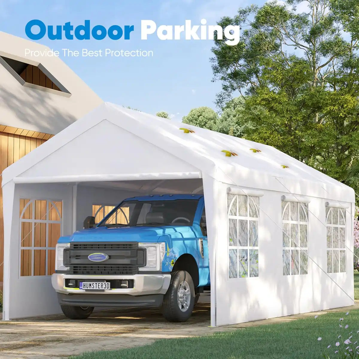 20' x 10' Heavy Duty Car Shelter with Clear Windows - Waterproof Outdoor Vehicle Cover for Cars, Trucks, SUVs - Perfect for Home Garage, Driveway & RV Storage Protection