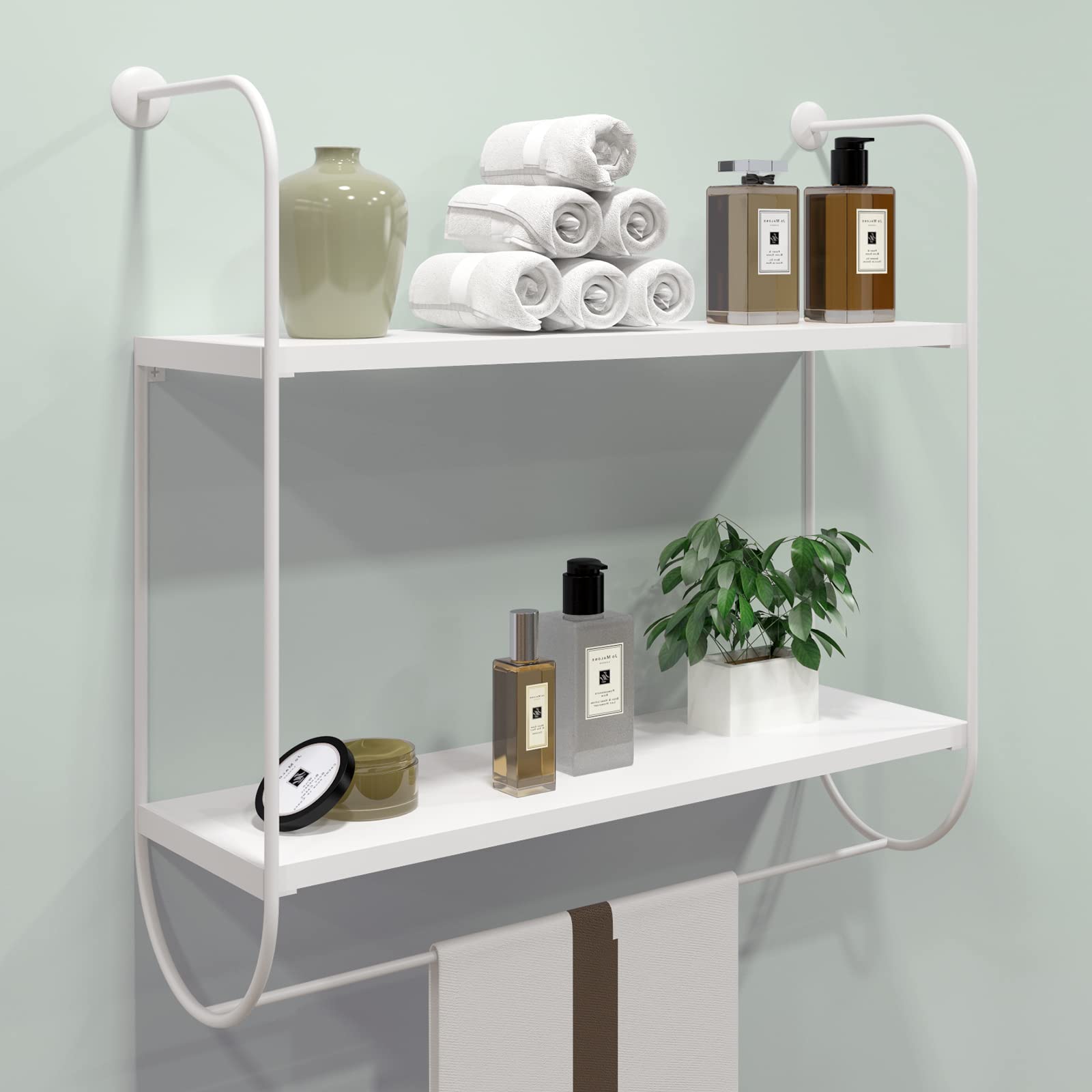 WELLAND 2-Tier White Wall Mounted Bathroom Shelf with Towel Rack - 17 Inch Floating Shelves for Toilet Storage - Space Saving Bathroom, Living Room & Kitchen Organization - Perfect for Small Spaces, Apartments & Home Decor