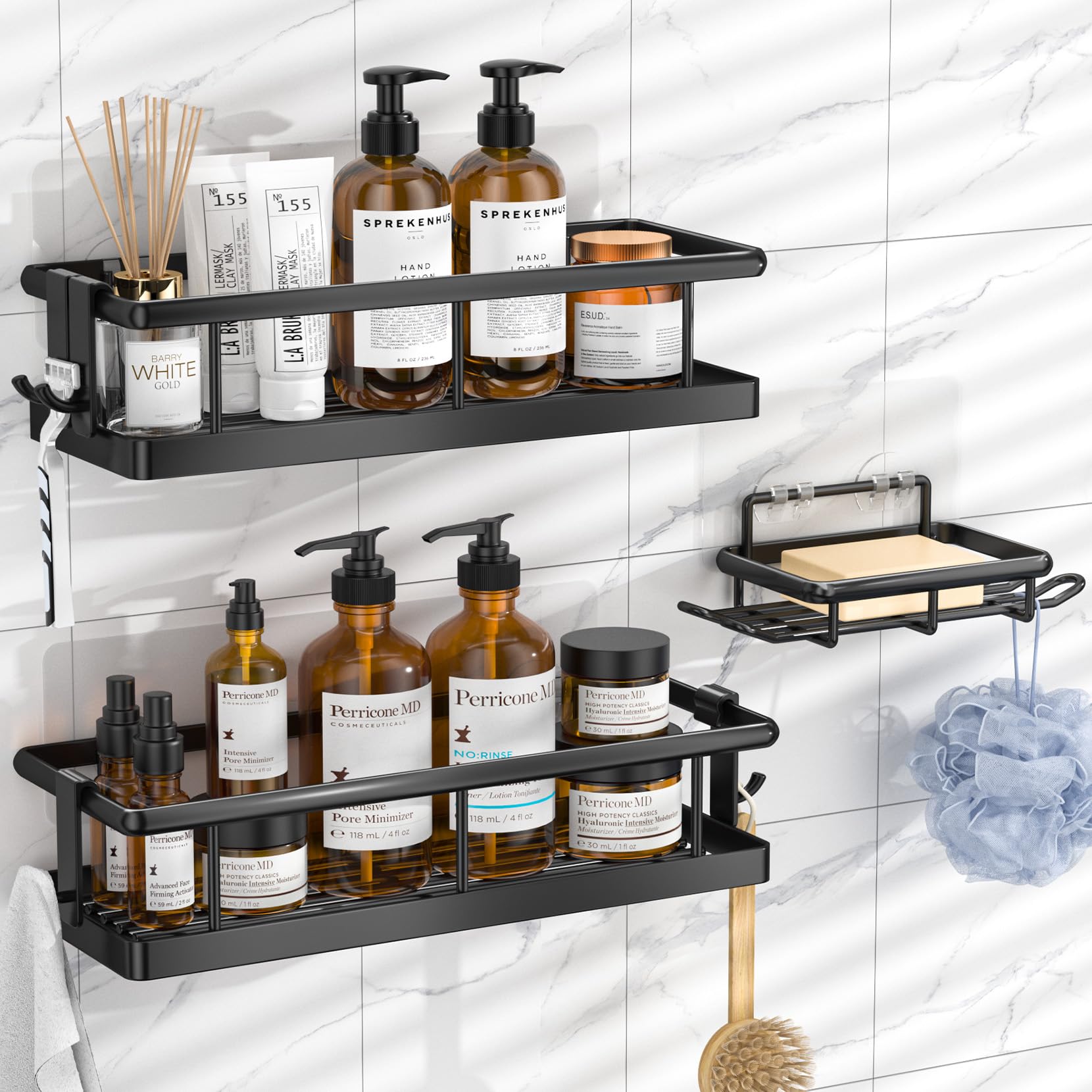 YASONIC No Drill Shower Caddy Adhesive - Rustproof Wall-Mounted Bathroom Organizer with Removable Hooks & Soap Holder (3 Pack, Black) - Perfect for Small Bathrooms, Apartments & Dorm Showers