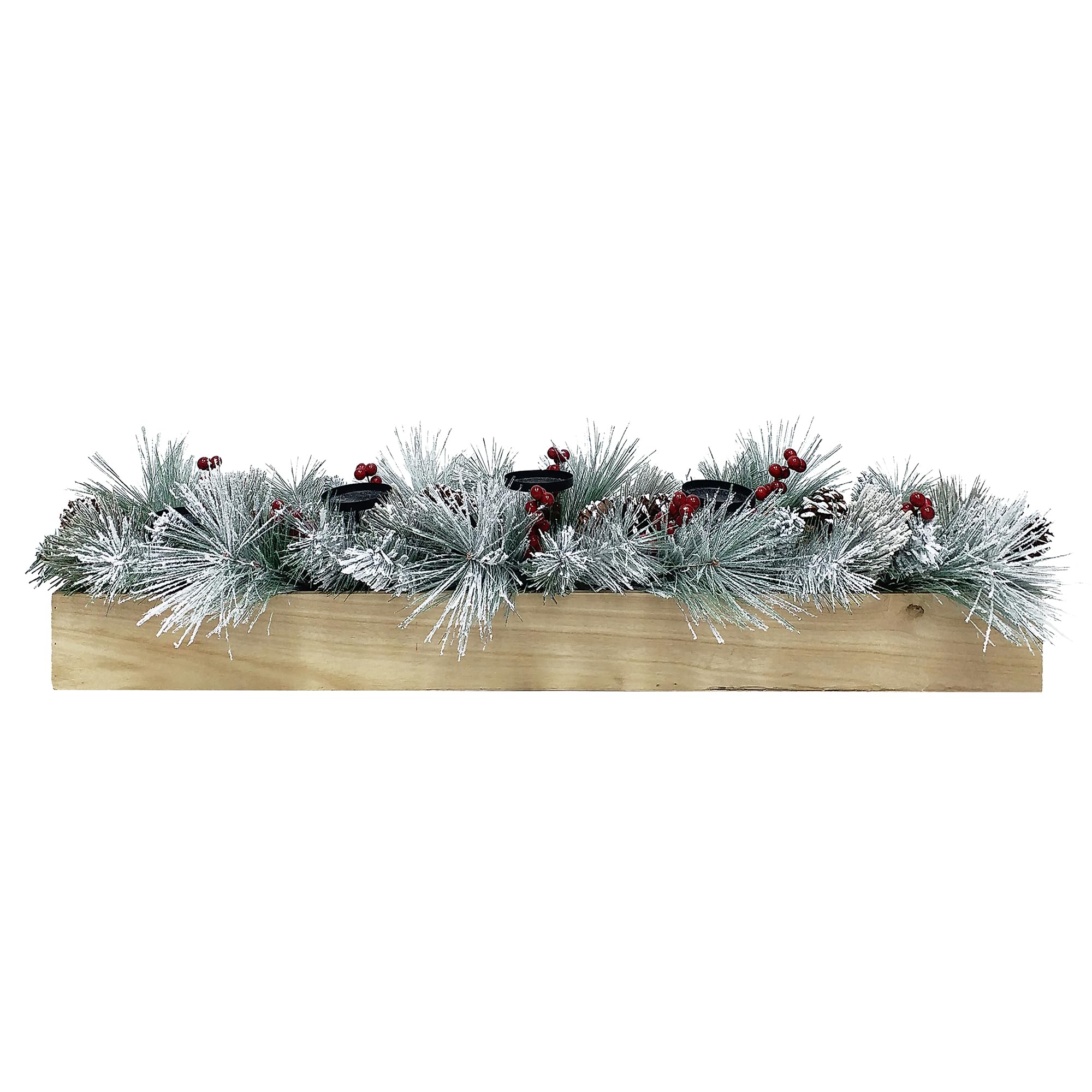 Fraser Hill Farm 42-Inch Snowy Pine Christmas Tabletop Pillar Candle Holder with Pinecones & Red Berries - Holds 5 Candles - Elegant Holiday Home Decor for Mantel, Dining Table & Festive Centerpieces