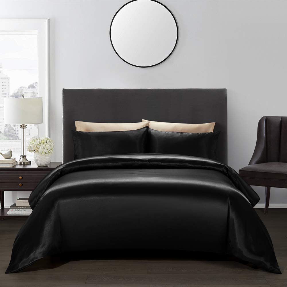 100% Pure Silk Satin Duvet Cover Set with 2 Pillowcases - Wrinkle Free, Fade Resistant, Breathable & Hypoallergenic - Luxury Twin/Twin XL Size for Cool Comfort (Black) | Perfect for Hot Sleepers & Sensitive Skin