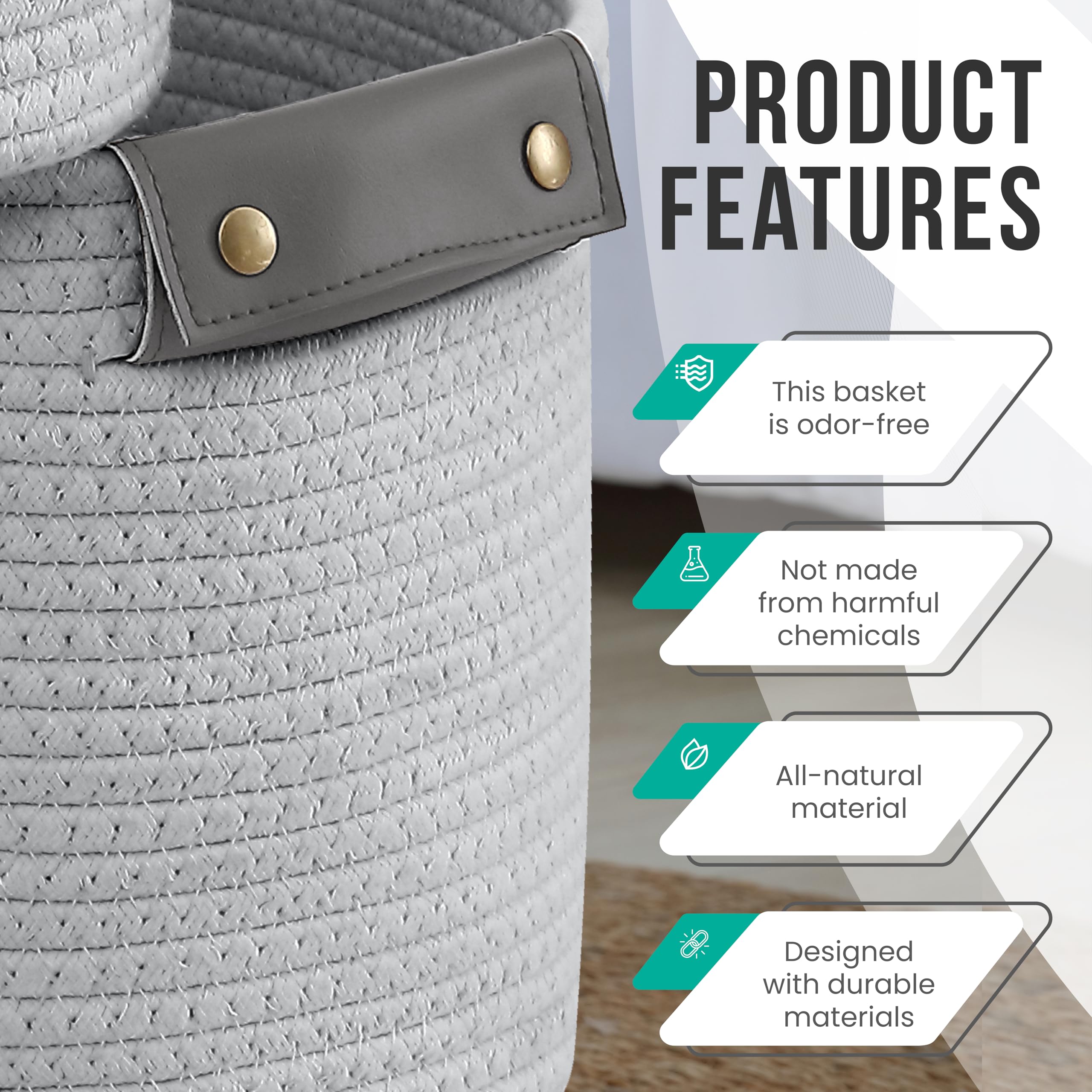 Organizix 3-Pack Gray Woven Cotton Rope Storage Baskets with Faux Leather Handles - 15