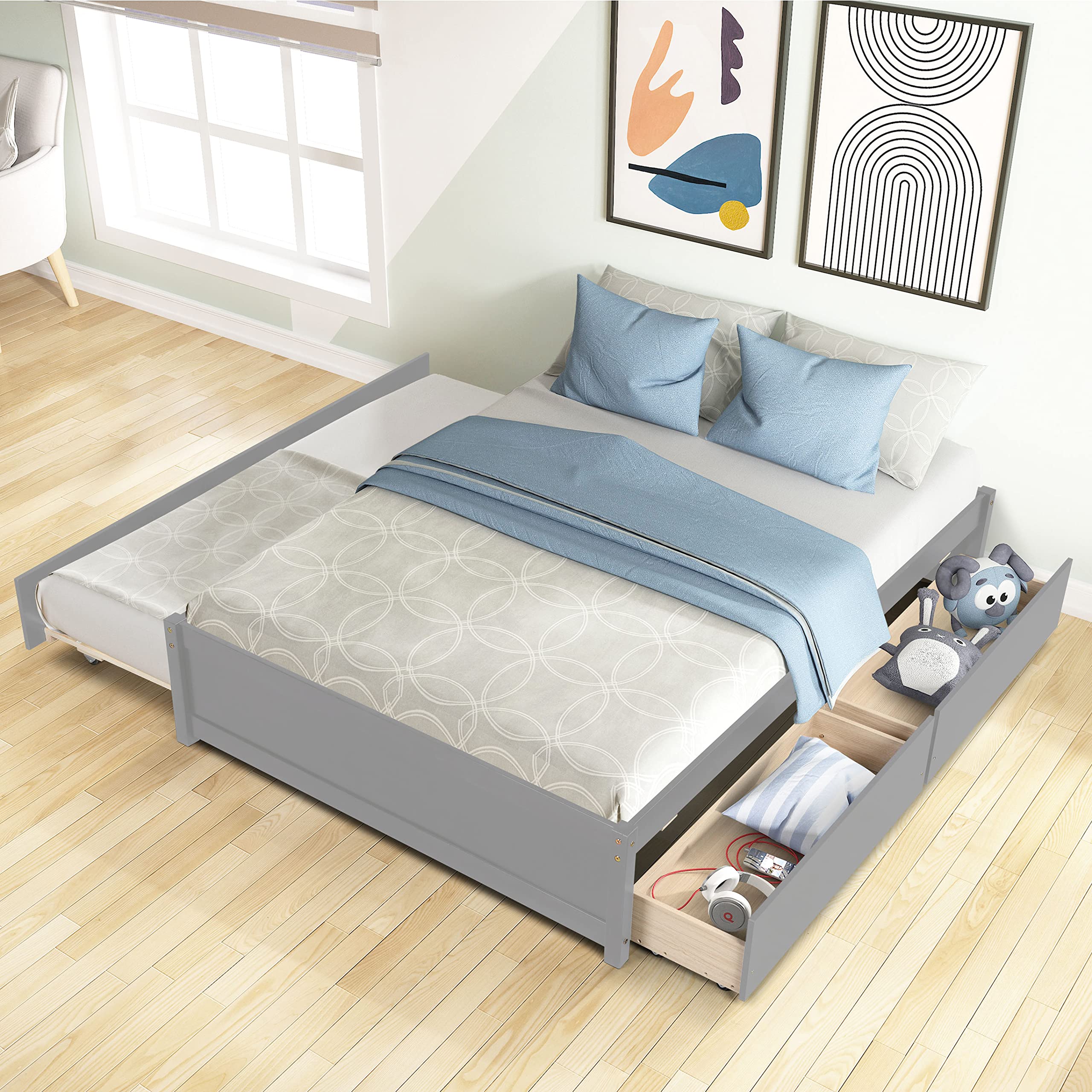 Polibi Solid Wood Full Size Platform Bed with Twin Size Trundle & 2 Storage Drawers - Grey Modern Bed Frame for Guest Rooms, Kids' Bedrooms & Small Spaces