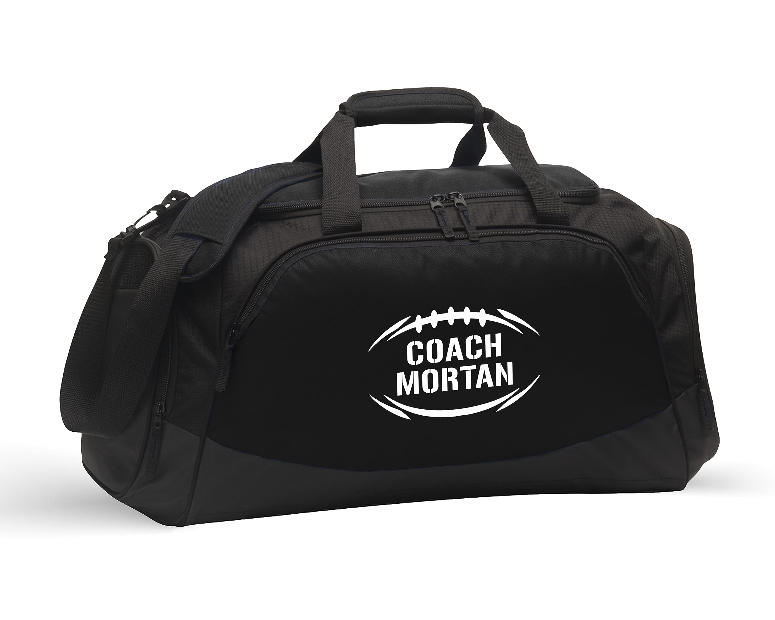 Custom Personalized Football Coach Duffle Bag with Shoe Compartment - Gear & Equipment Storage for Men & Teens - High School Sports Travel Bag (Black/Black) - Perfect for Practice, Games & Team Travel