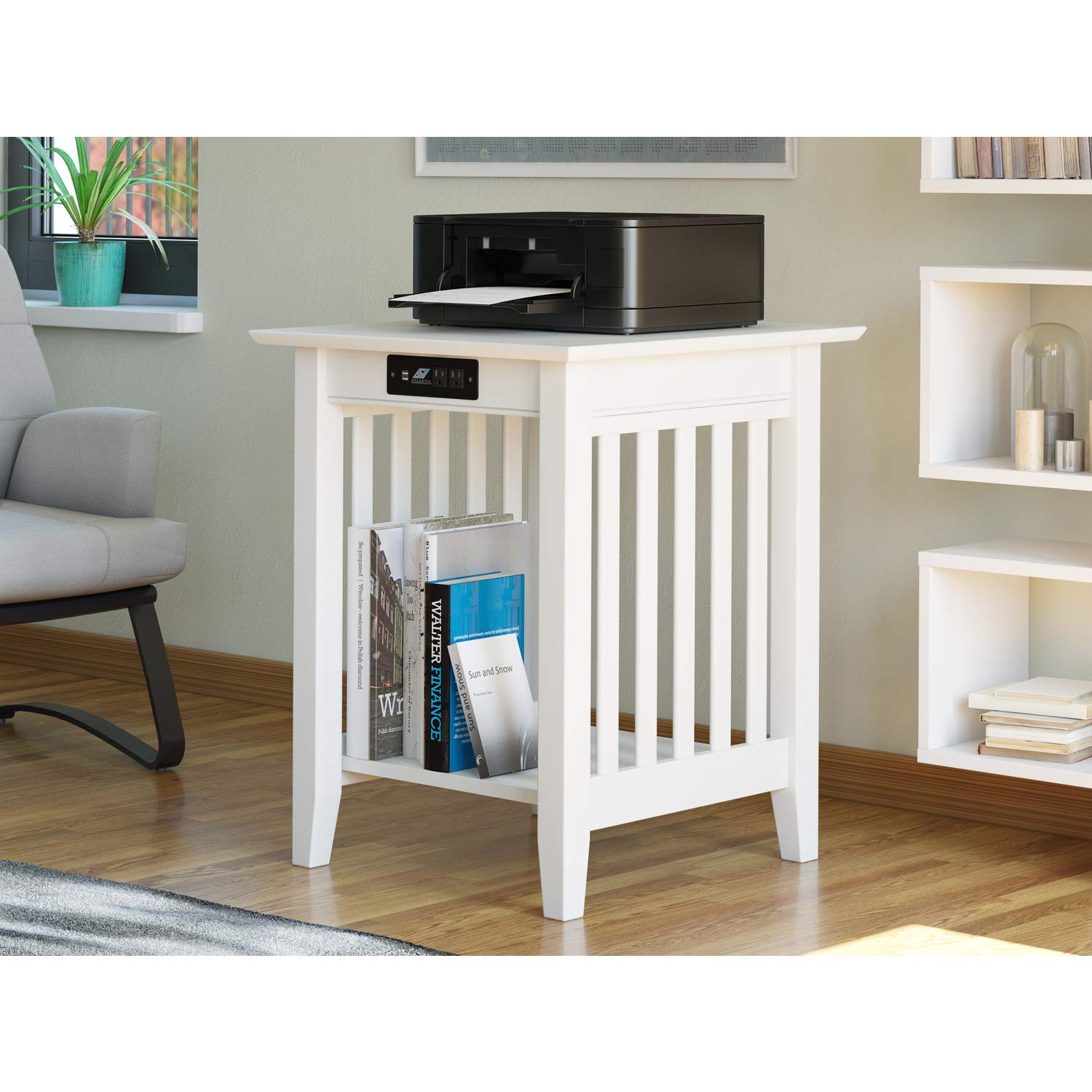 AFI Mission Printer Stand with Charging Station - Adjustable Height Computer Desk Organizer with USB Ports, White - Perfect for Home Office & Workspace Organization