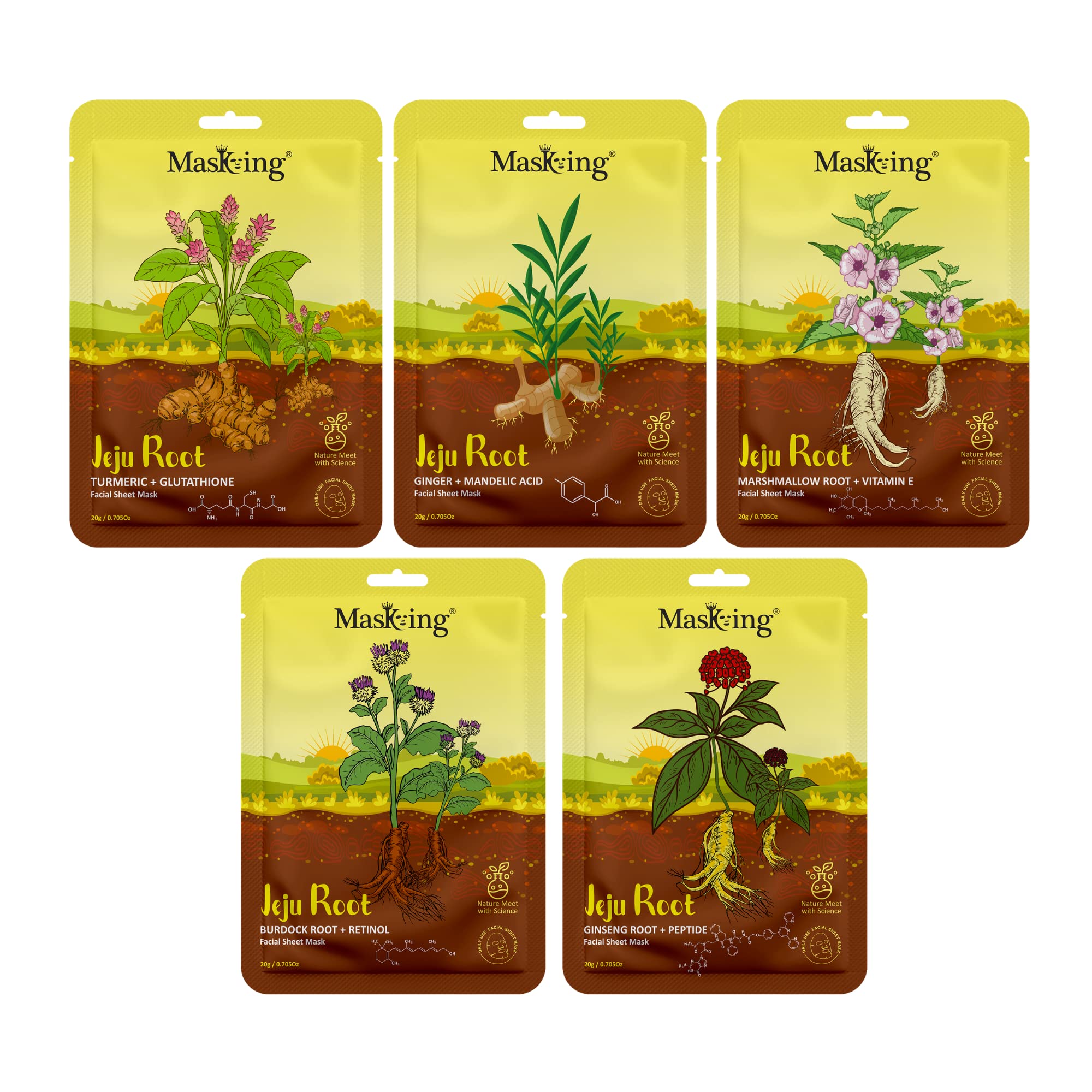 Jeju Root Brightening & Nourishing Face Sheet Mask for Glowing Skin - Hydrating Facial Mask for Men & Women (5-Pack) - Perfect for Daily Skincare Routine & Spa Night