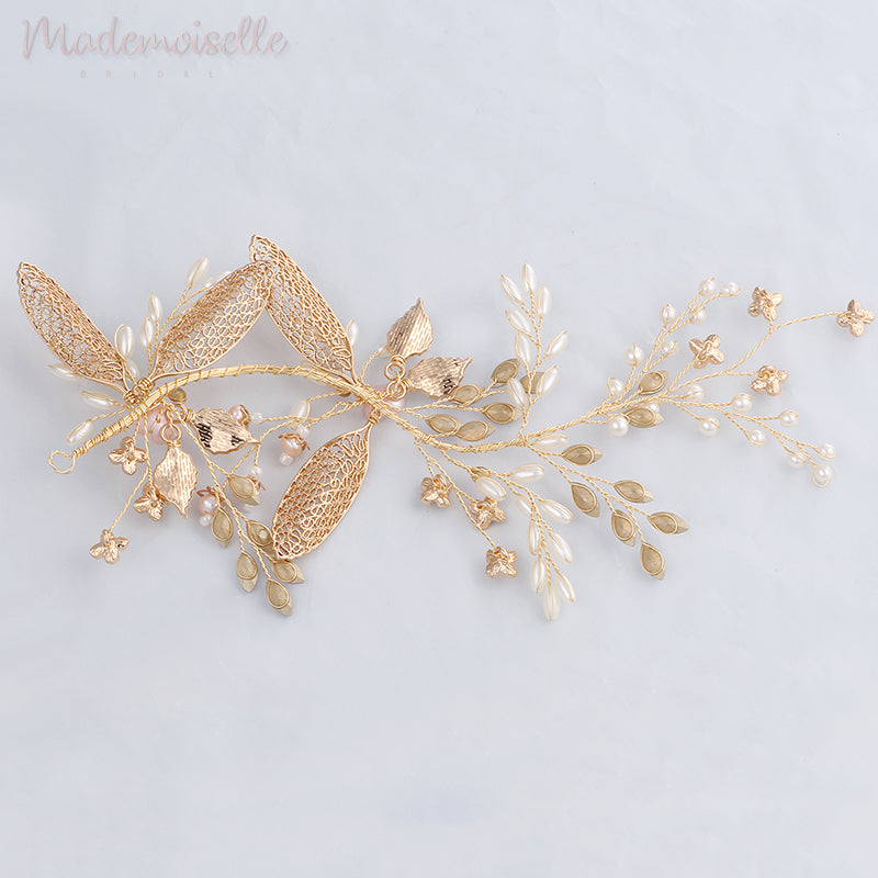 Golden Autumn Pearl Hair Vine - Elegant Bridal Hair Accessory for Weddings, Prom & Special Occasions