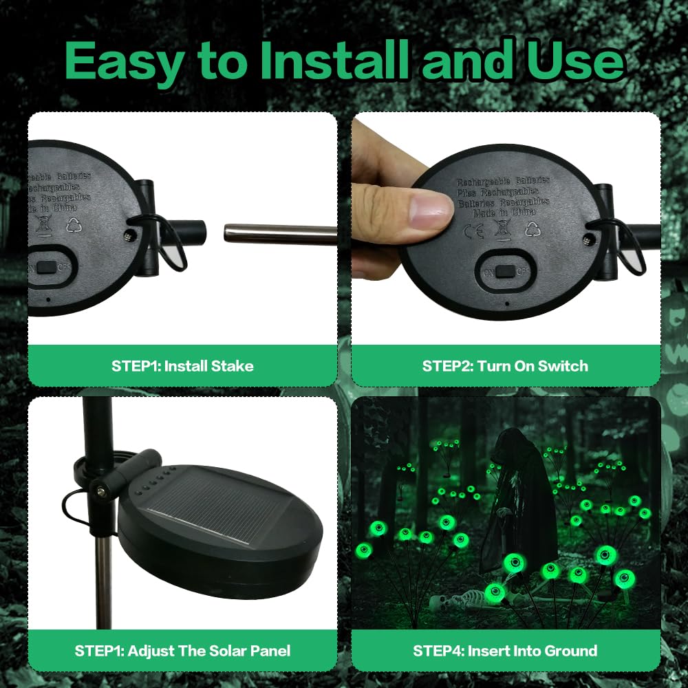 Outdoor Solar Halloween Decorations - 2 Pack 12 LED Green Scary Eyeball Lights, Waterproof Swaying Firefly Path Lights for Yard, Garden, Lawn & Party - Perfect for Spooky Halloween Night Decorations & Haunted House Themes