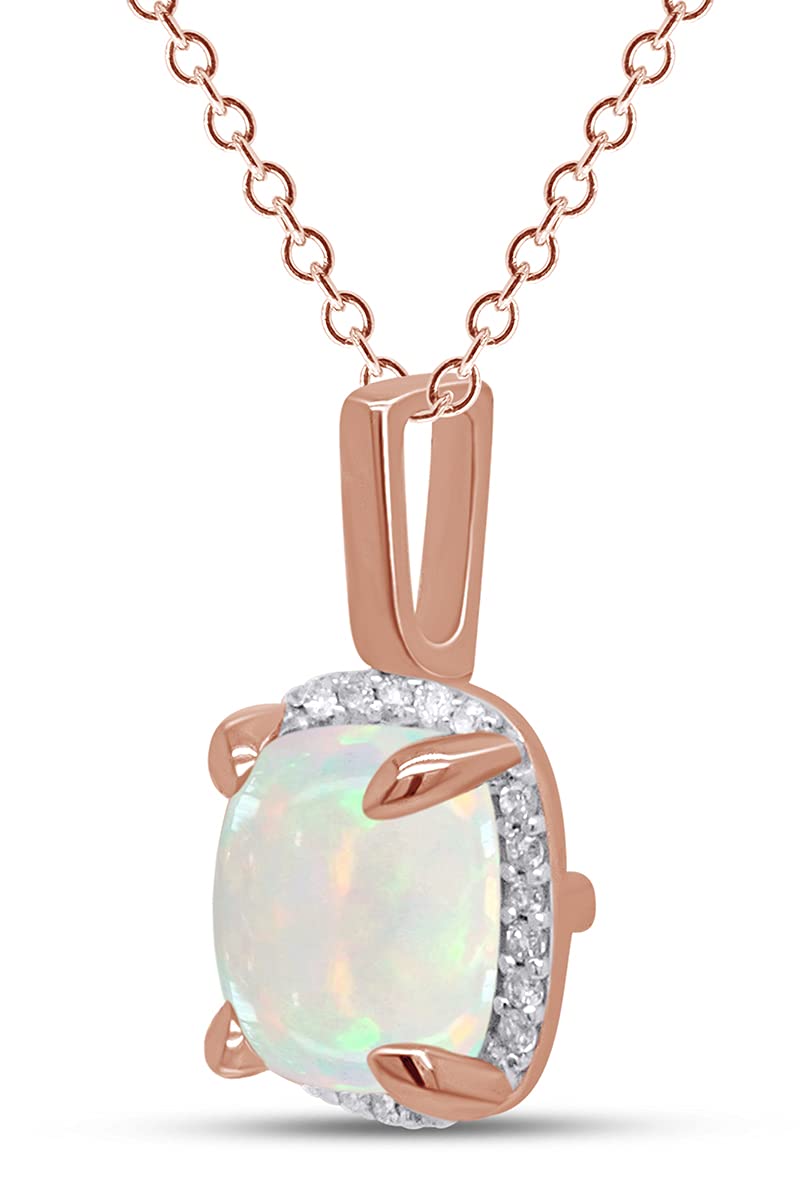 1.25 CT Cushion Cut Natural White Opal & Diamond Halo Pendant Necklace - 14K Gold Over Sterling Silver, 18