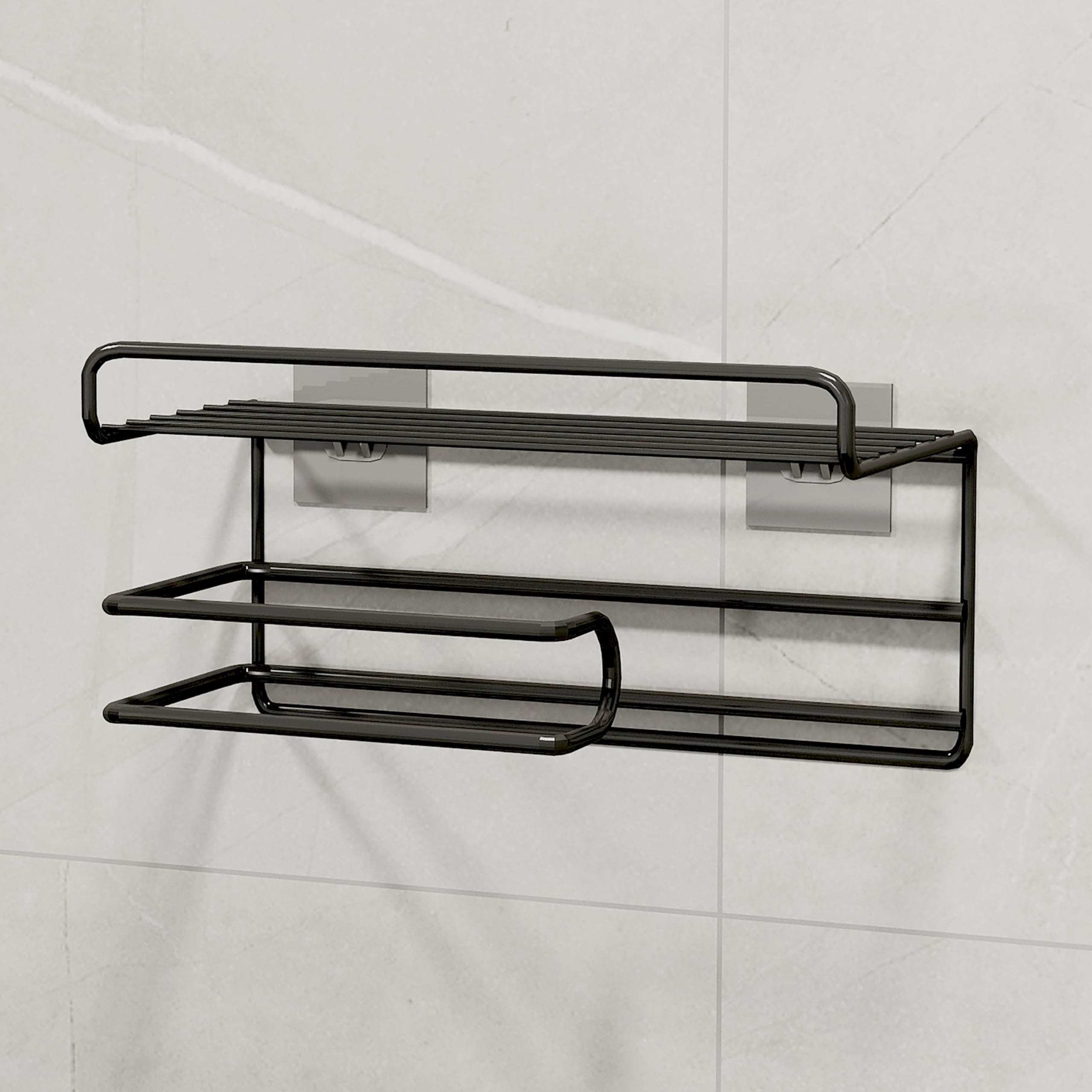 Plantex GI Steel Self-Adhesive Toilet Paper Holder - Wall Mounted Tissue Roll Dispenser with Mobile Stand, Towel Bar & Storage Rack | Durable Bathroom Organizer for Home, Office & RV (Black) - Perfect for Small Spaces & Modern Bathroom Decor