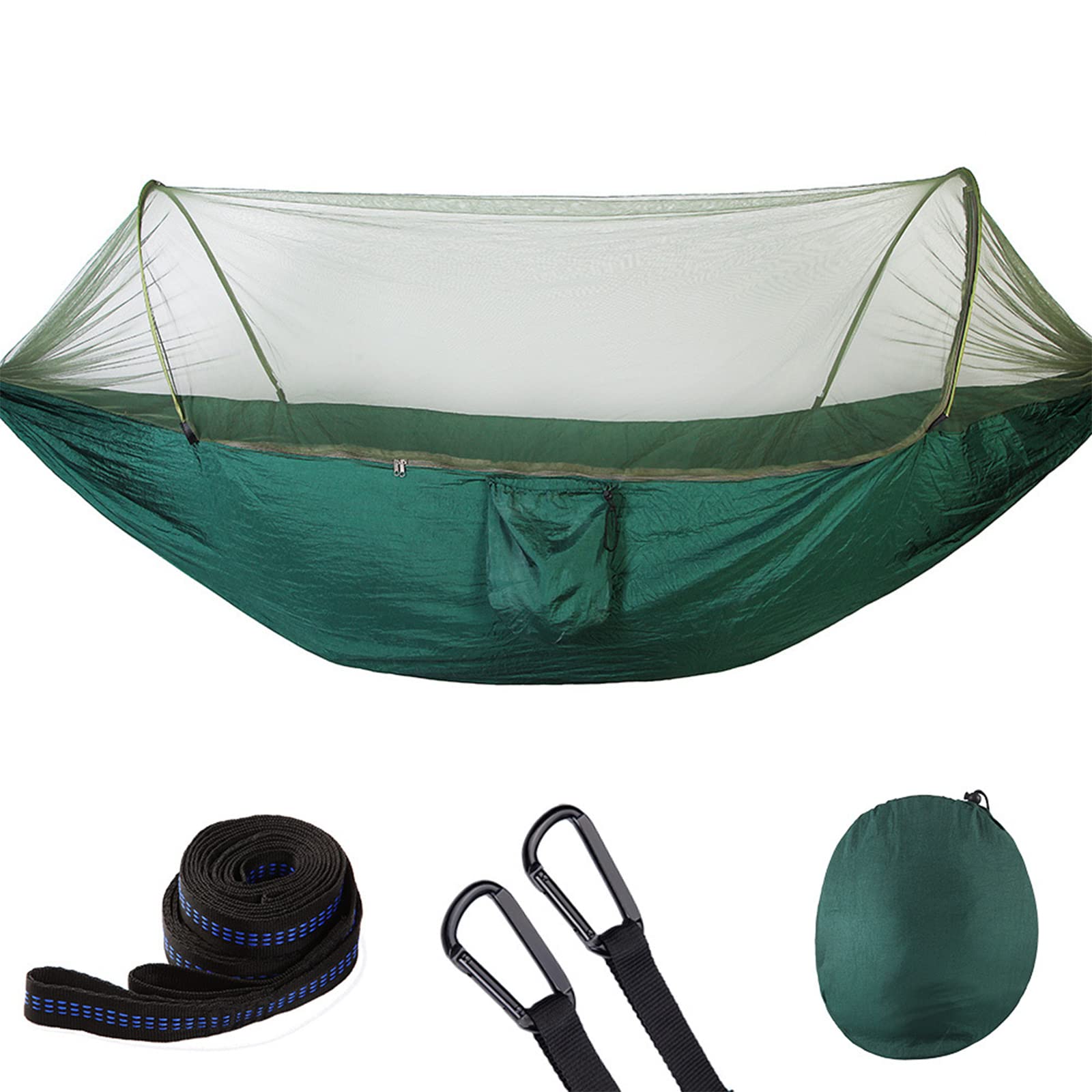 2 Person Camping Hammock with Mosquito Net - Lightweight Pop-up Parachute Nylon Hammock with Tree Straps - Portable Swing Bed for Outdoor Backpacking, Hiking, Travel and Survival - Perfect for Camping Trips, Beach Relaxation and Backyard Lounging (Dark Green)